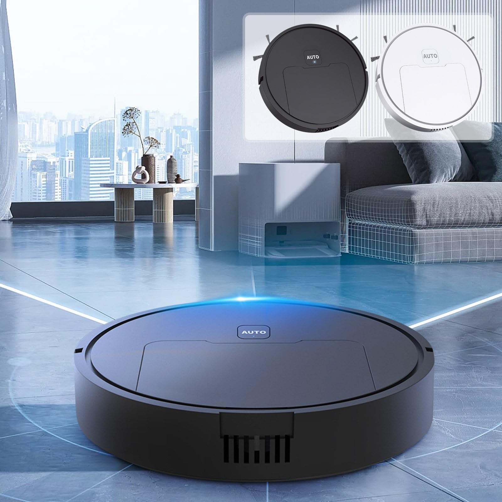 Smart Robot Vacuum Cleaner with High Suction - Rechargeable, Compact & Space-Saving Automatic Sweeping Machine for Hardwood Floors & Carpets (Black)
