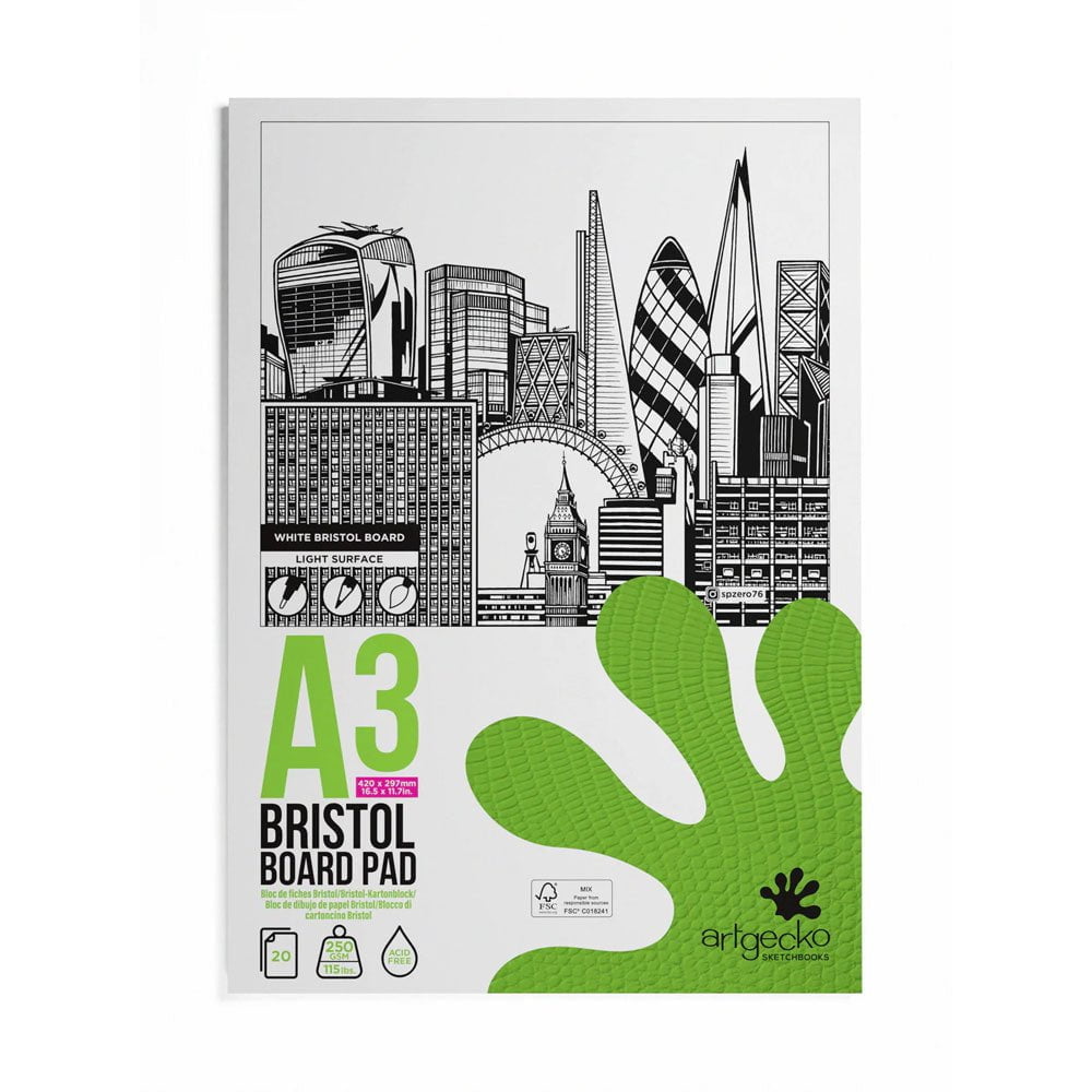 ArtGecko Pro Bristol Board Pad A3 - 20 Sheets 250gsm White Smooth Surface for Drawing, Illustration & Calligraphy - Perfect for Artists, Designers & Students
