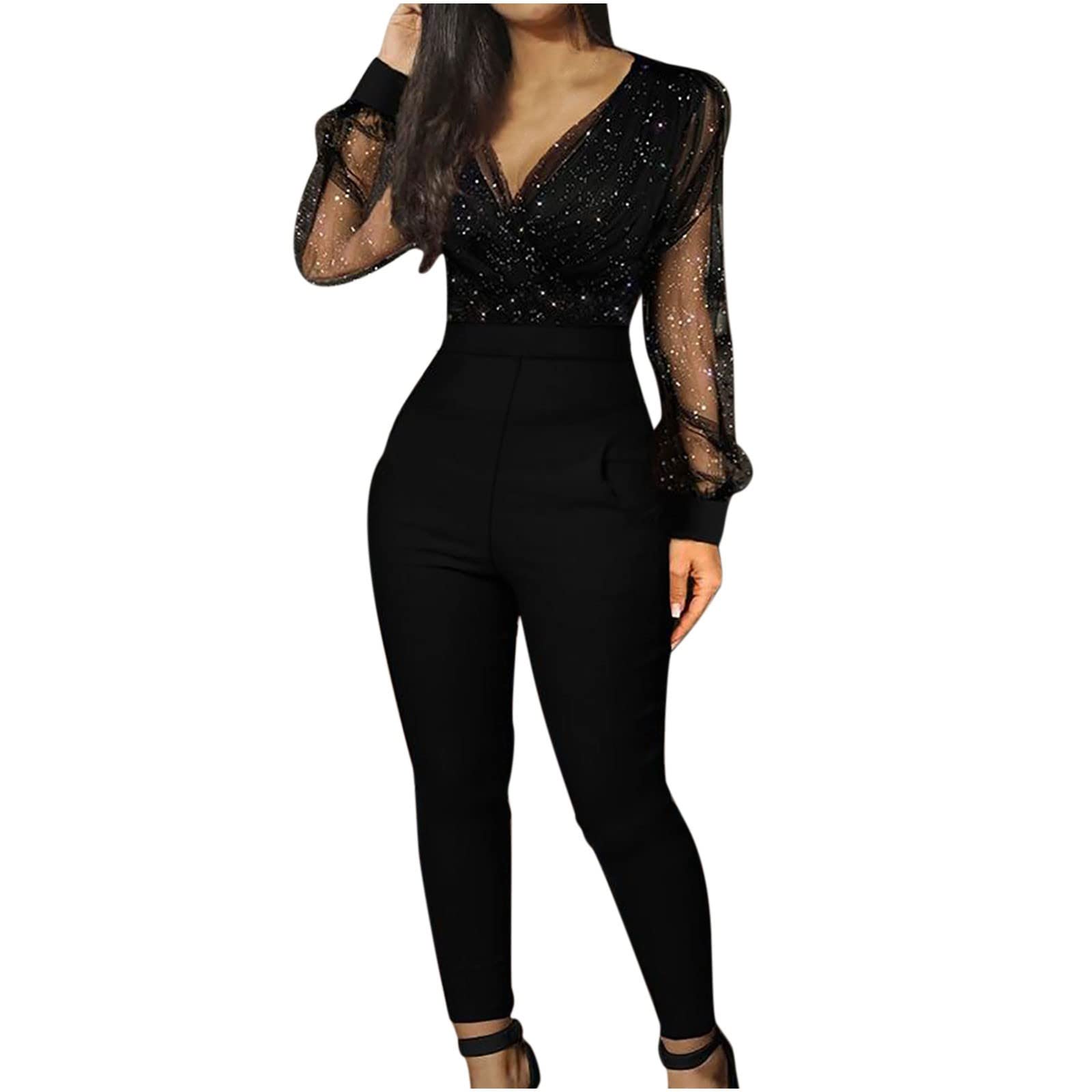 Women's Fashion Long Sleeve Mesh Glitter Jumpsuit - Bodycon Wide Leg Romper for Party & Night Out | Sexy Clubwear & Evening Outfit