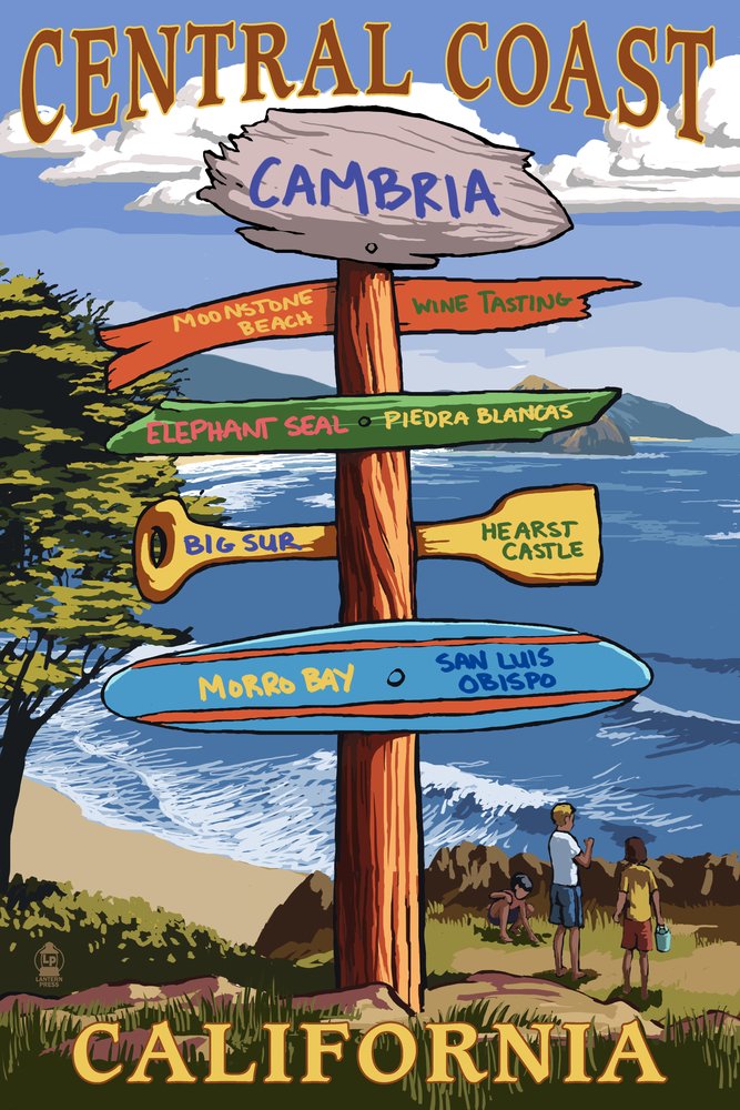Cambria California Central Coast Destinations Sign - 24x36 Signed Art Print, Wall Decor Poster for Home, Office & Gift Ideas