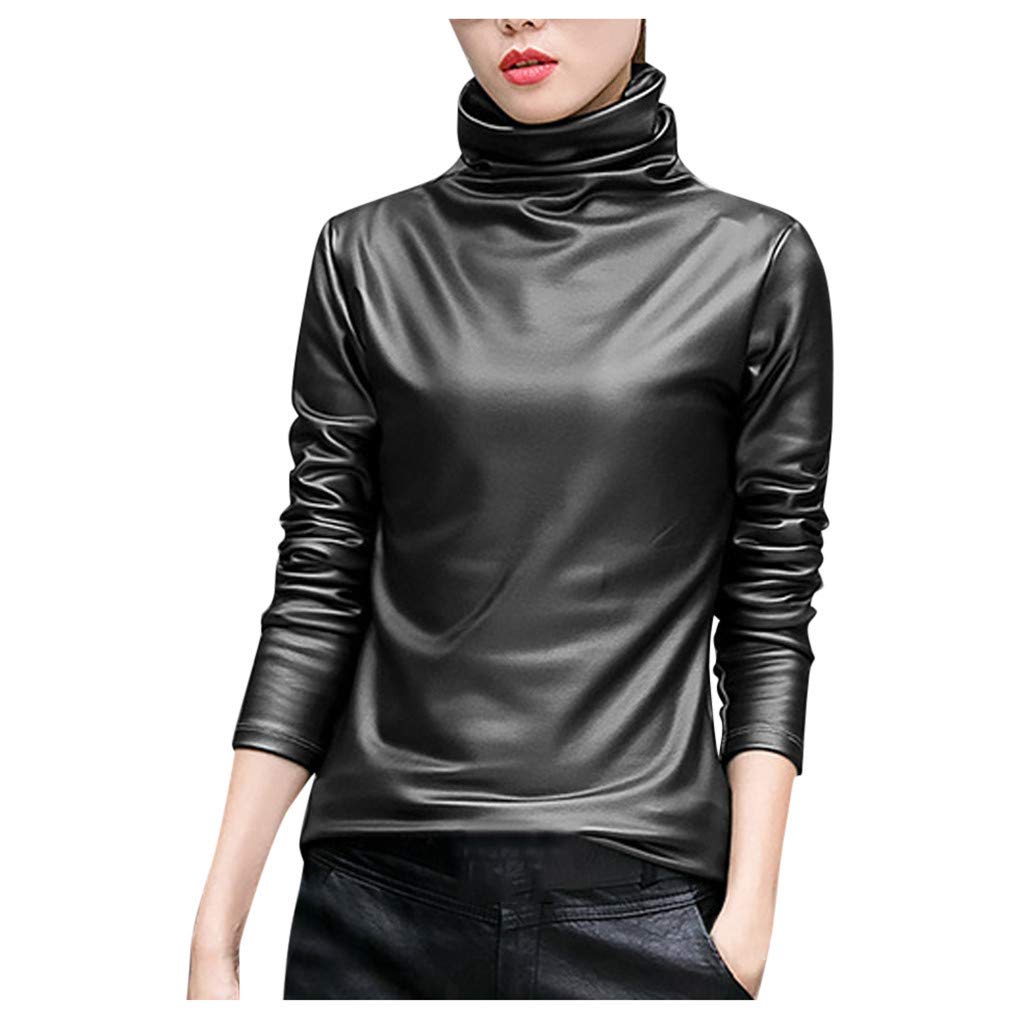 Premium Faux Leather Turtleneck Long Sleeve Blouse for Women - Medium Size - Elegant Casual Shirt Top for Office, Date Night & Fall Fashion