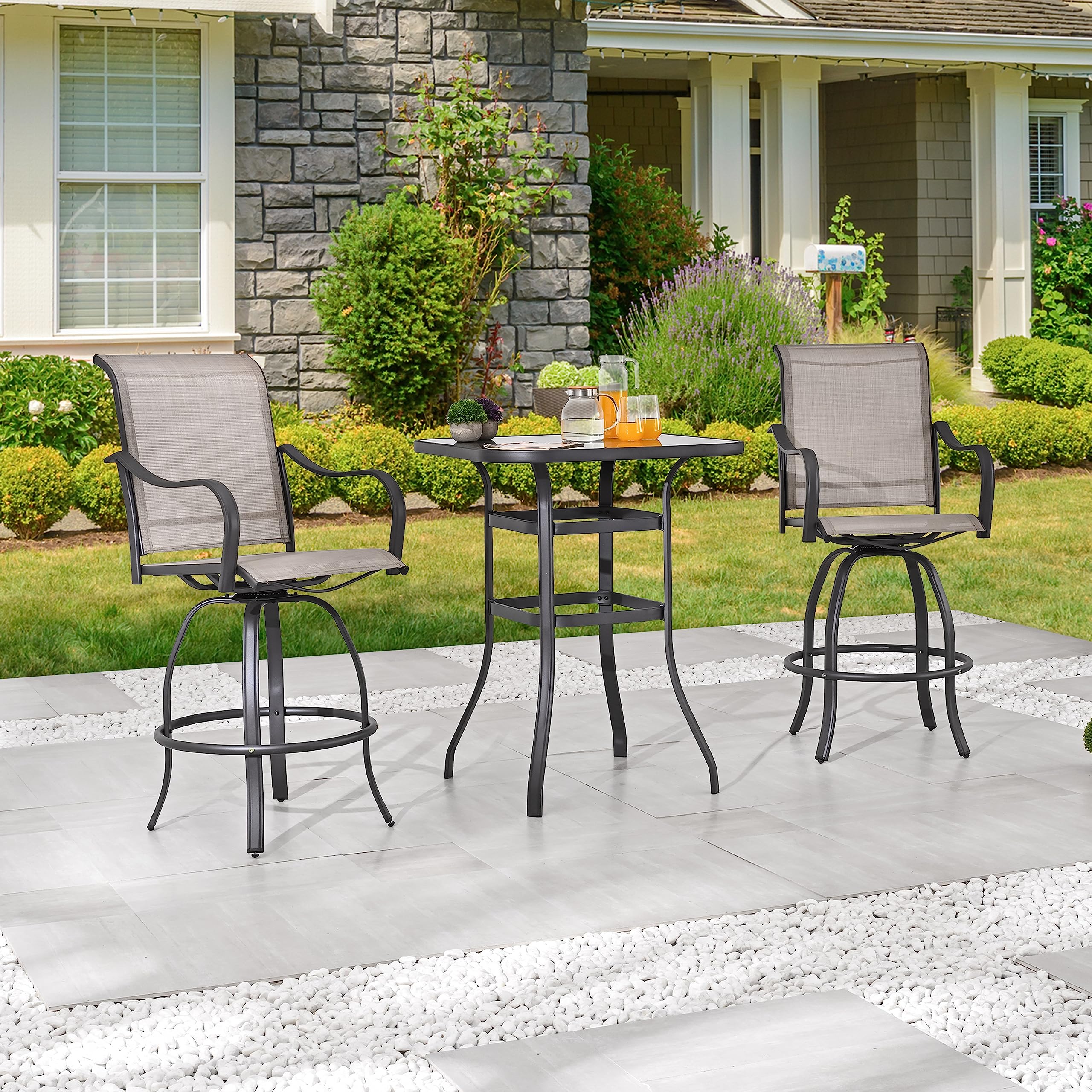 9-Piece Outdoor Patio Swivel Bar Stool Set with 3 Glass Top Tables - All-Weather Bistro Height Dining Chairs for Backyard, Garden, Poolside & Restaurant Use (Grey)