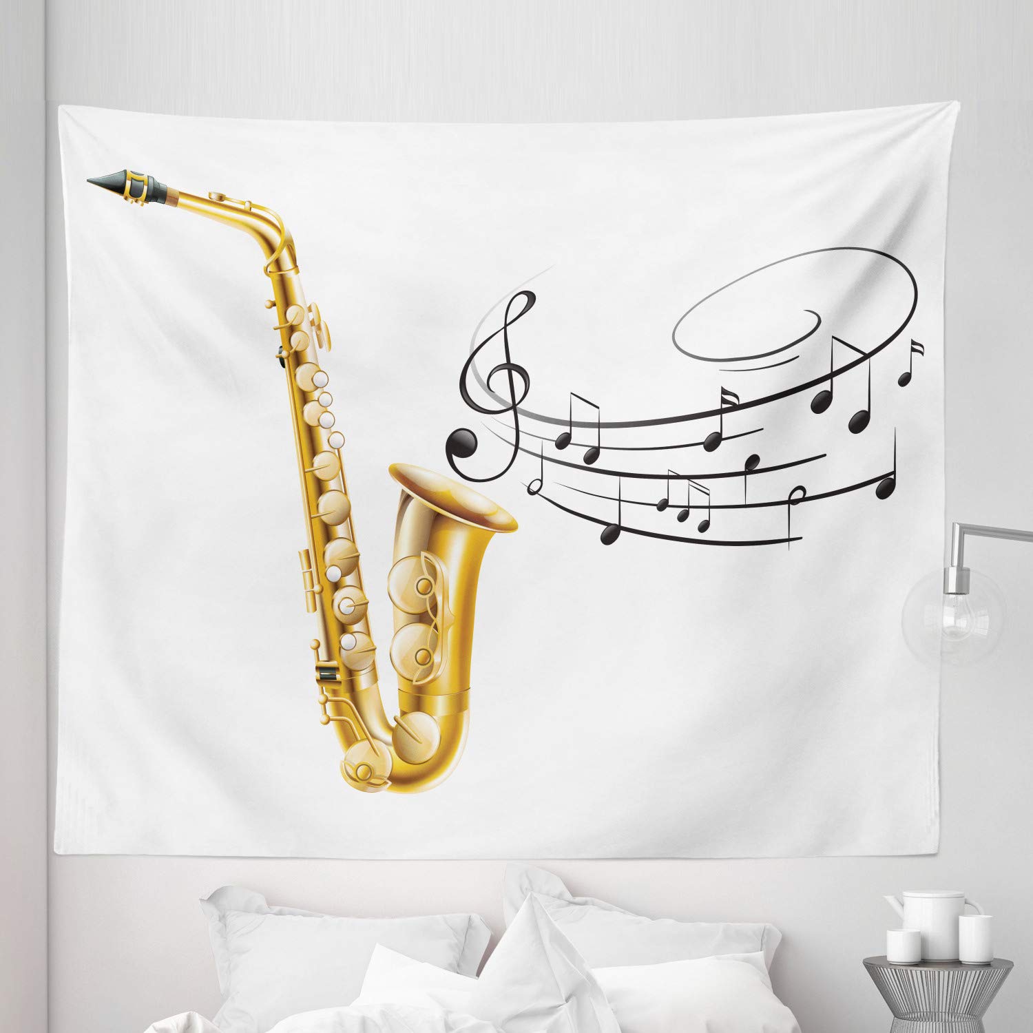 Ambesonne King Size Music Tapestry - Vintage Saxophone Art Print Wall Hanging, 104