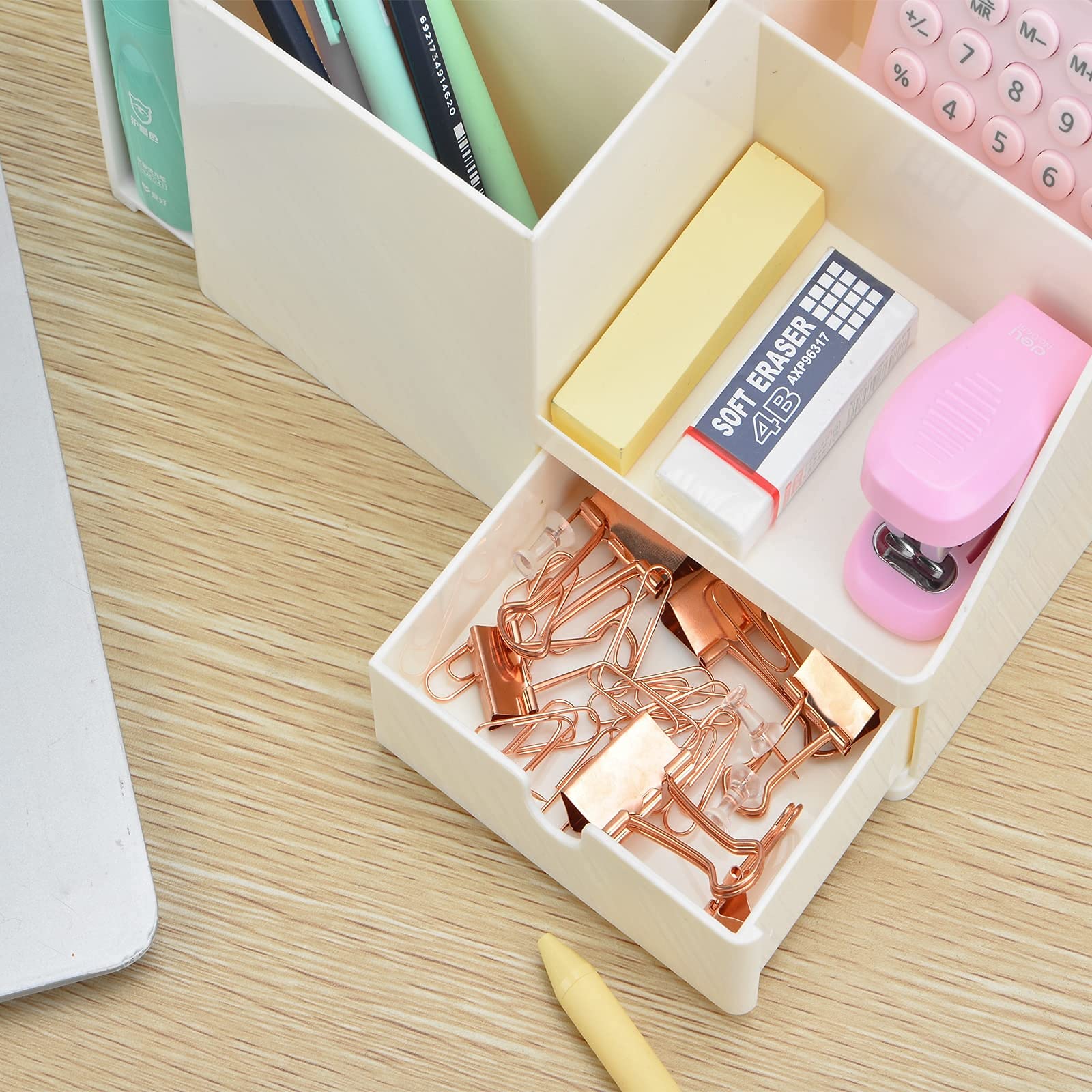 White Multifunctional Desk Organizer with Bookshelf & Drawer - Office Stationery Storage, Makeup Organizer, Bookends - Perfect for Home Office, Study Desk, and Beauty Vanity (Small, Beige)