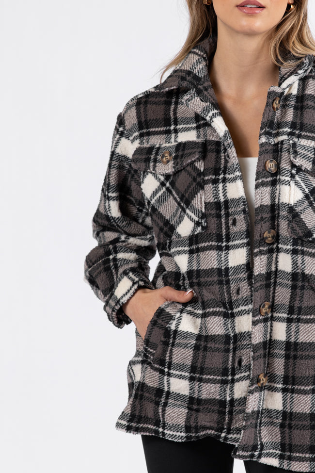 Through The Leaves Black Plaid Sherpa Shacket - Cozy Winter Jacket for Women | Perfect for Outdoor Adventures & Casual Wear