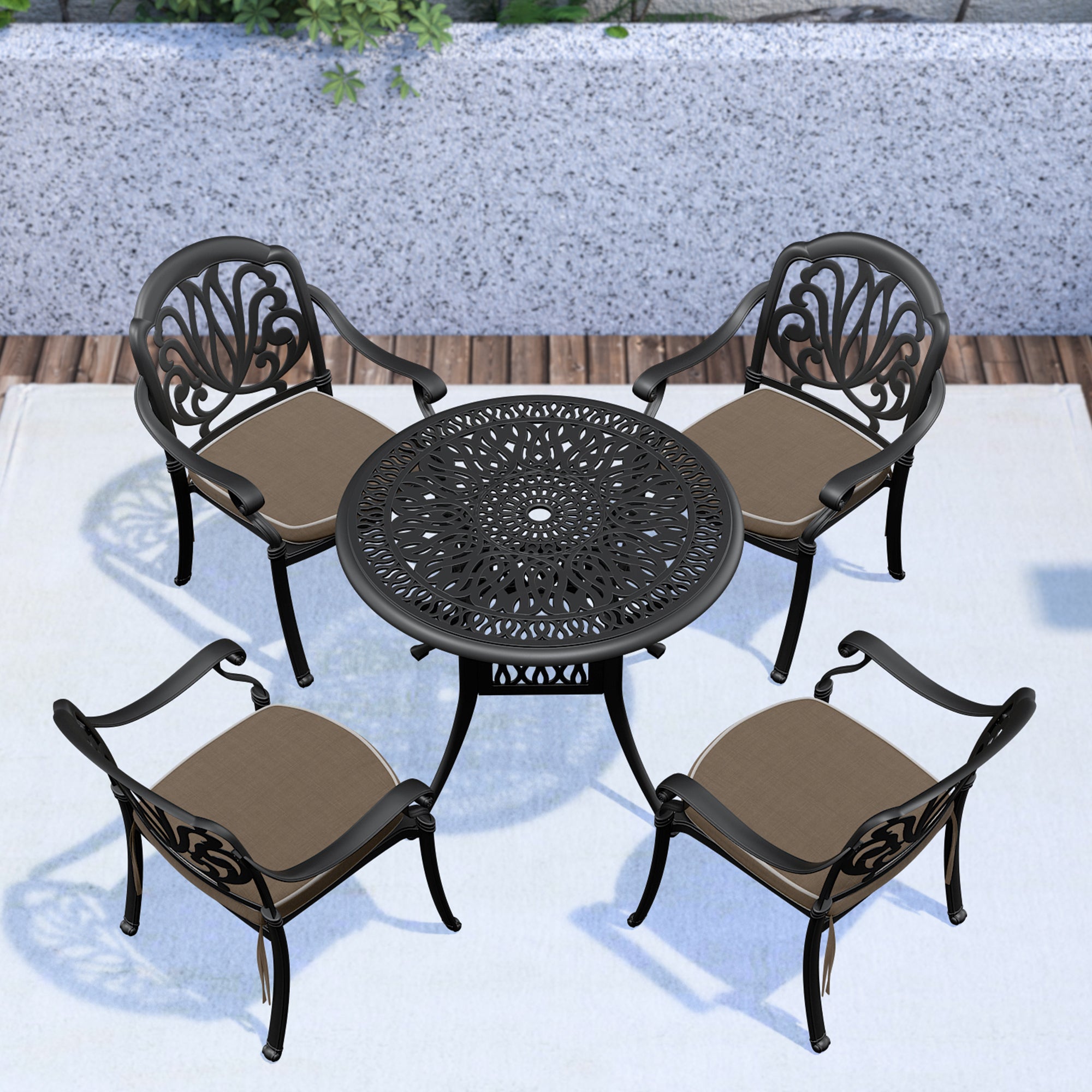 5-Piece Cast Aluminum Patio Furniture Set with Cushions - Outdoor Dining & Lounge Chairs for Garden, Poolside, Deck - Includes 4 Chairs & 1 Table - Weather-Resistant & Comfortable Cushions (Random Colors)