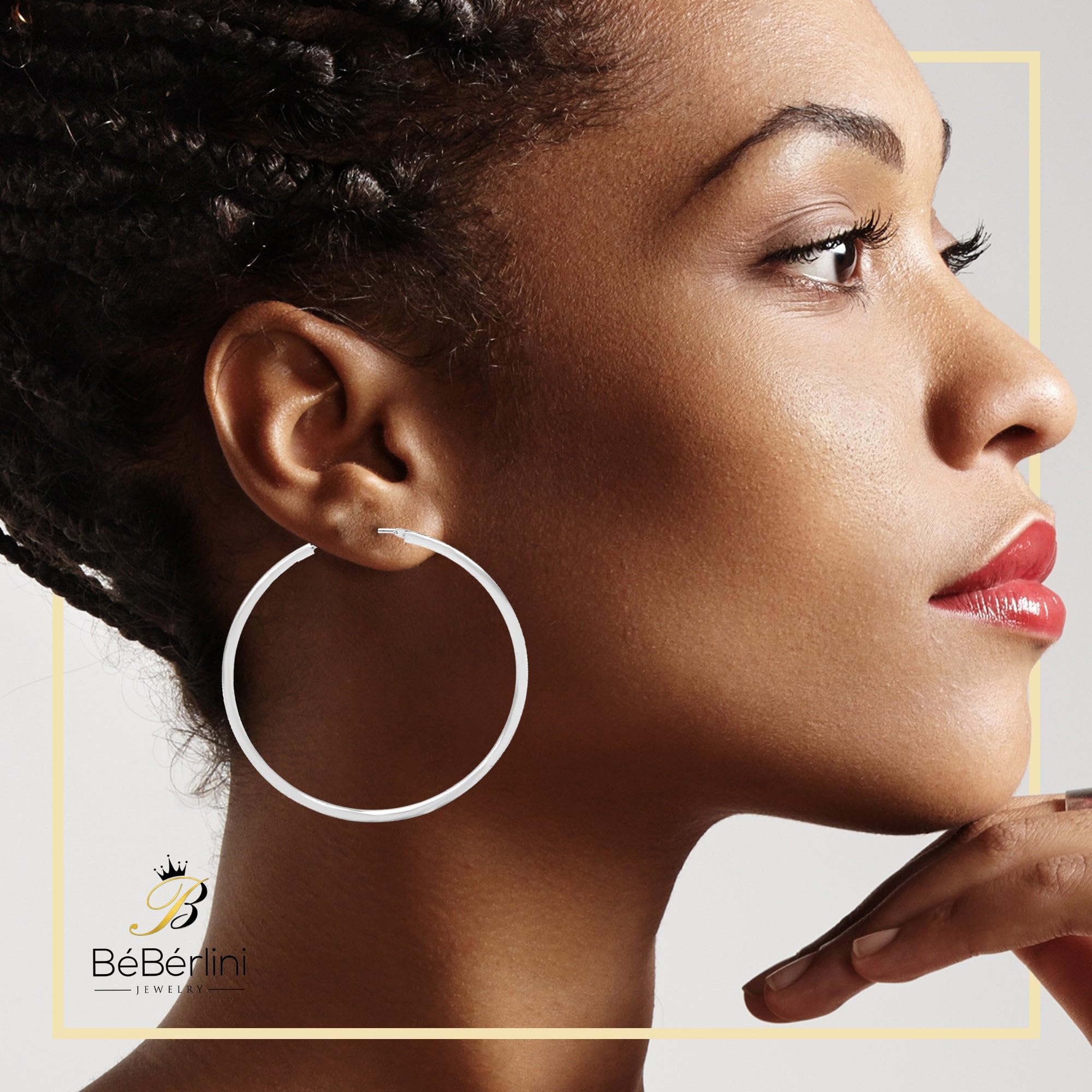 BEBERLINI Silver Large Hoop Earrings for Women - 2mm Thick Plain Hoops, Hip Hop Fashion Jewelry - Perfect for Everyday Wear, Parties and Gift Giving