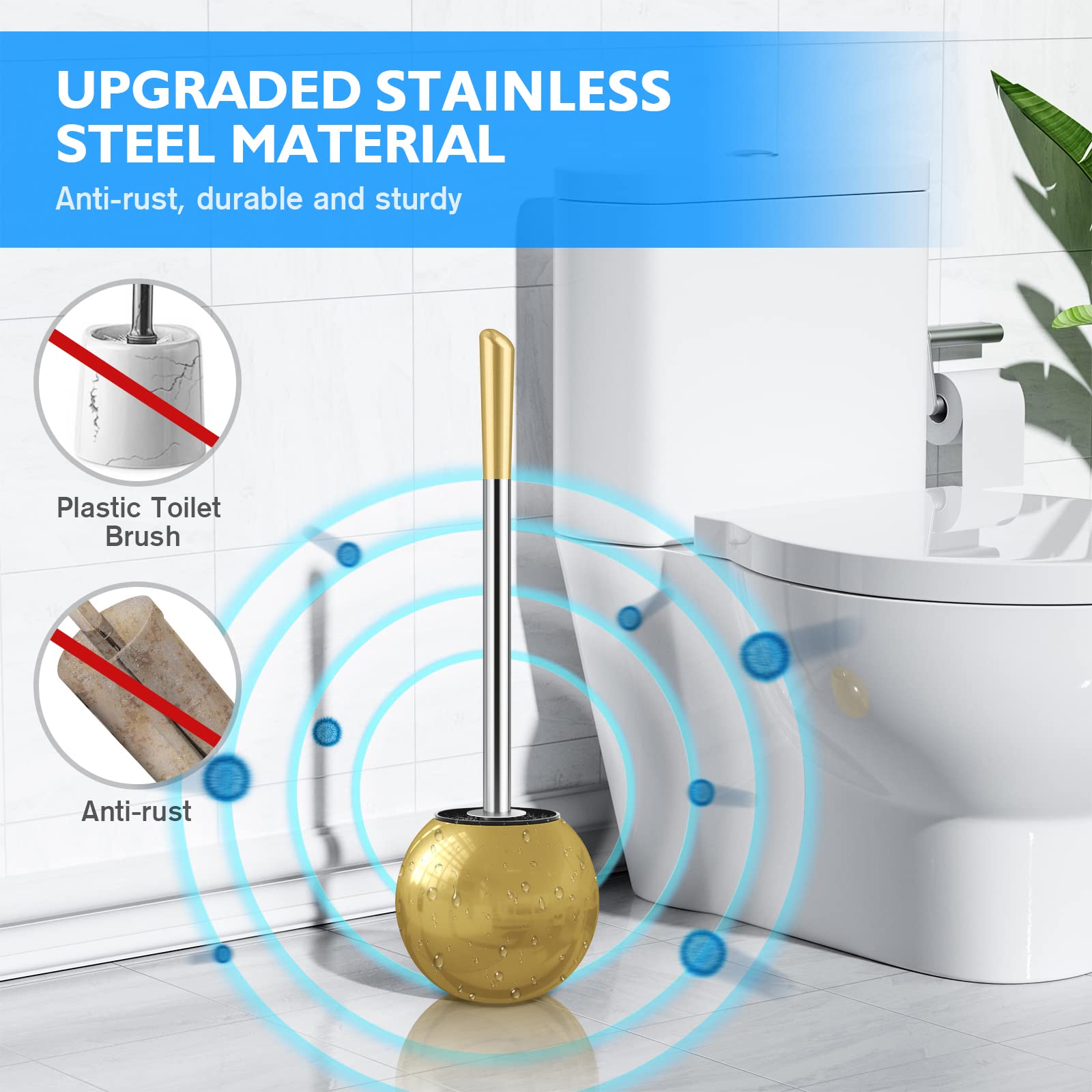 Stainless Steel Toilet Brush & Holder 2-Pack - Durable, Ergonomic for Bathroom Cleaning