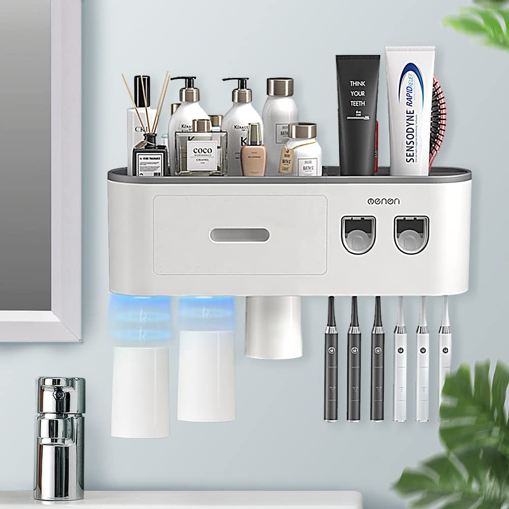 Wall Mounted Toothbrush Holder with Automatic Toothpaste Dispenser - 6 Brush Slots, 3 Magnetic Cups, Cosmetic Drawer & Storage Tray - Perfect for Bathroom Organization & Space Saving