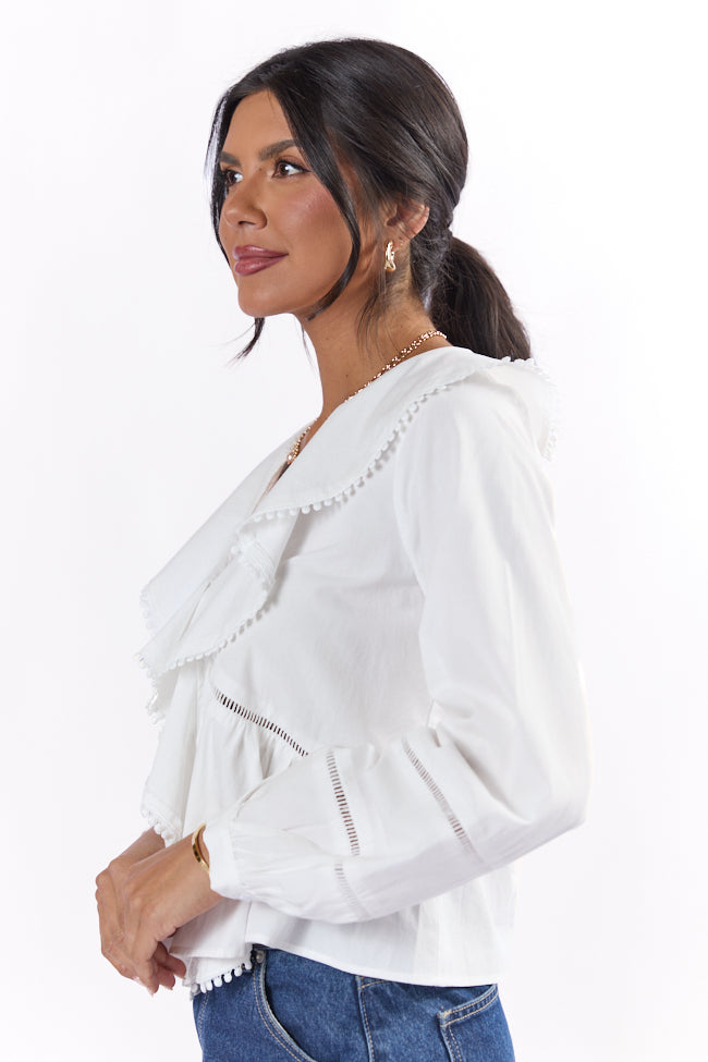 Burn The Breeze Ivory Ladder Detail Ruffle Front Blouse for Women | Elegant Casual & Office Wear | Perfect for Spring Summer Outfits, Dates & Work