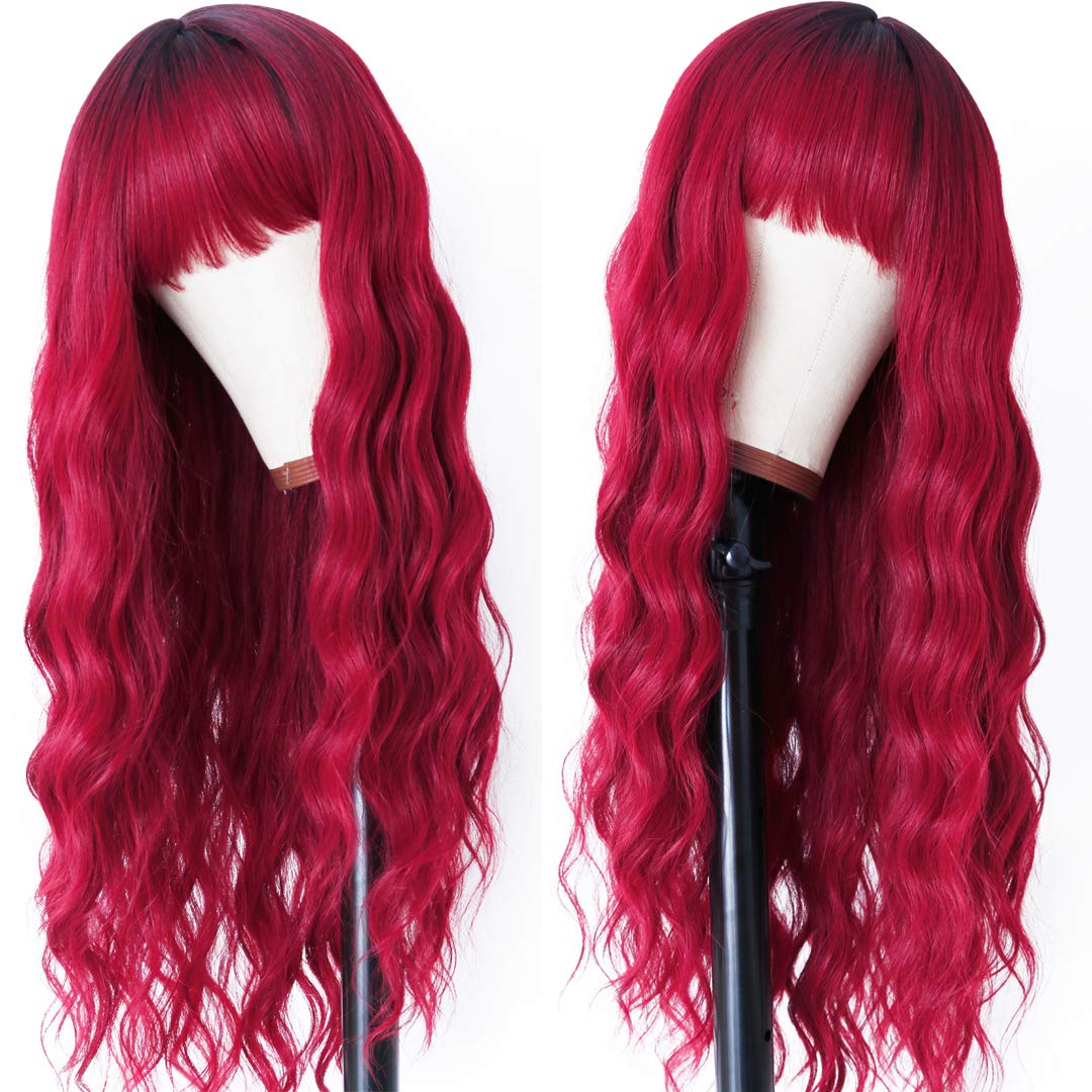 Ombre Red Long Wavy Synthetic Wig with Dark Roots & Bangs - 24 Inch Loose Curly Hair for Women | Perfect for Daily Wear, Cosplay & Party Occasions