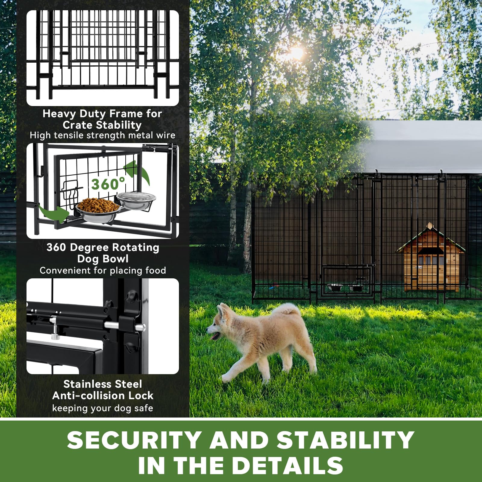 Heavy Duty Welded Steel Outdoor Dog Kennel for Large Dogs - Secure Lock Playpen Fence with Waterproof Roof Cover & 2 Rotating Bowls (Small/Medium/Large Dogs) - Perfect for Backyard, Camping & Pet Training