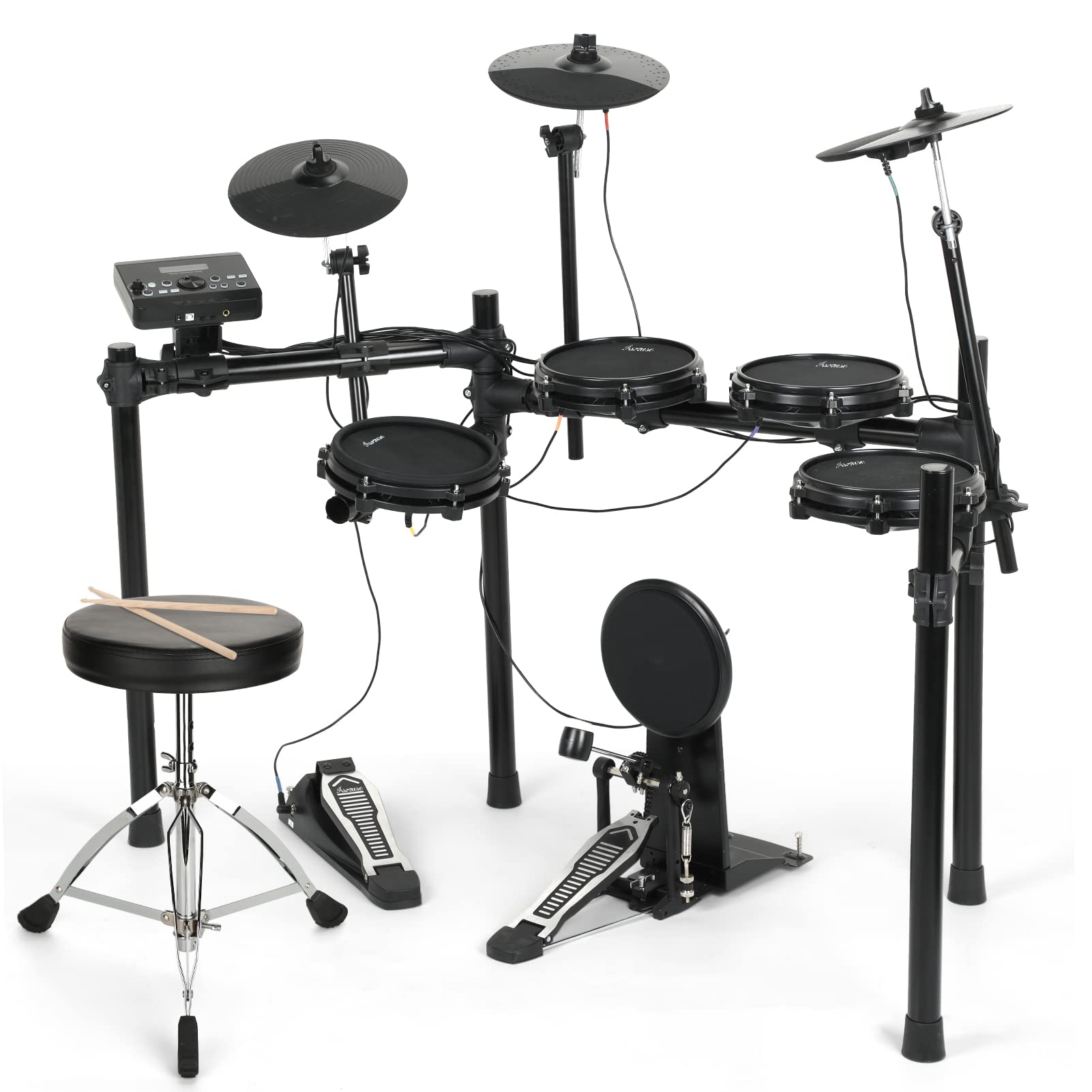 Electric Drum Set for Adults & Kids - 7-Piece Electronic Drum Kit with 225 Sounds, 10 Demo Songs, Drum Throne & Sticks - Perfect for Beginners, Home Practice & Live Performances