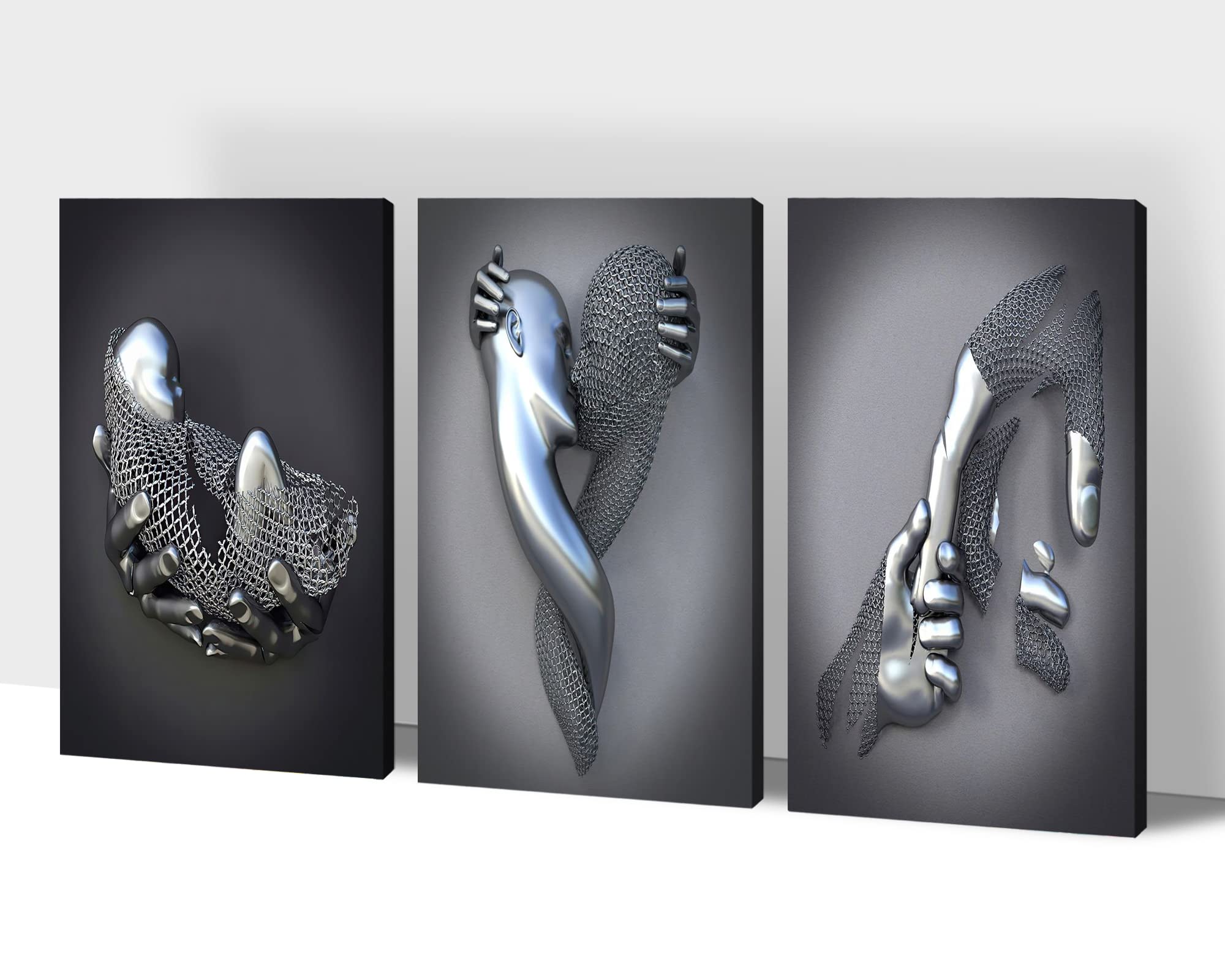 3D Metal Heart Wall Art Set - Silver Gray Love Decor for Living Room & Bedroom - Framed Modern Canvas Painting - Valentine's Day Gift for Couples - 24