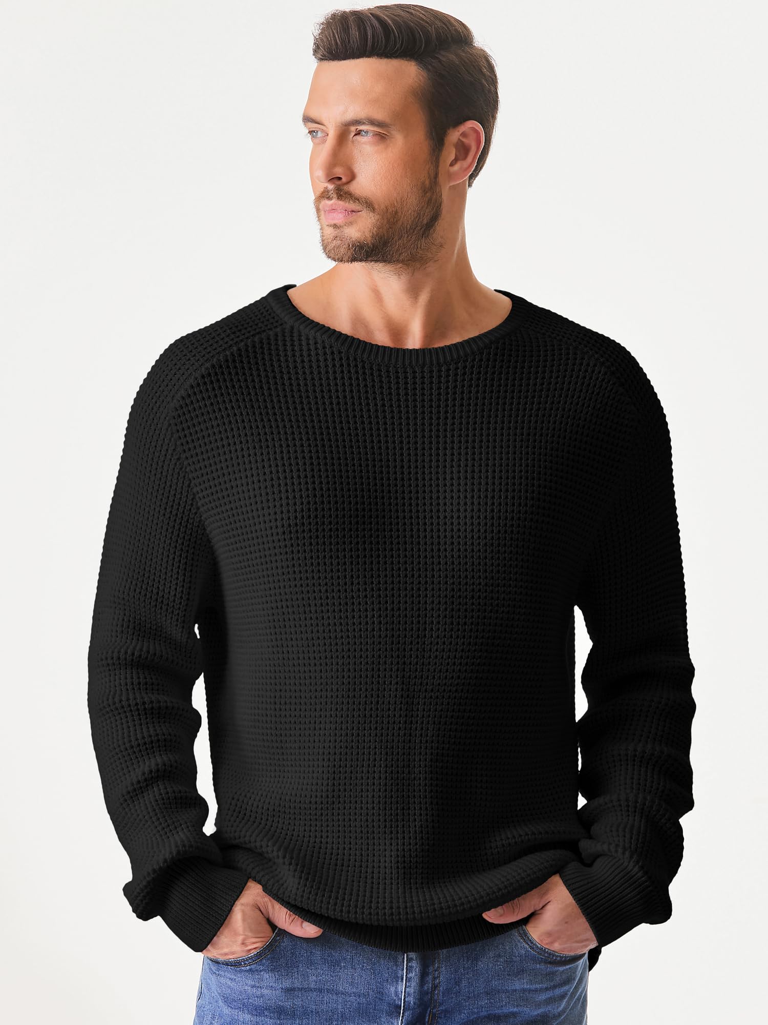 JMIERR Men's Crewneck Pullover Sweater - Waffle Textured Knit Casual Loose Fit Sweater with Ribbed Edge | Warm Winter Layering & Everyday Comfort