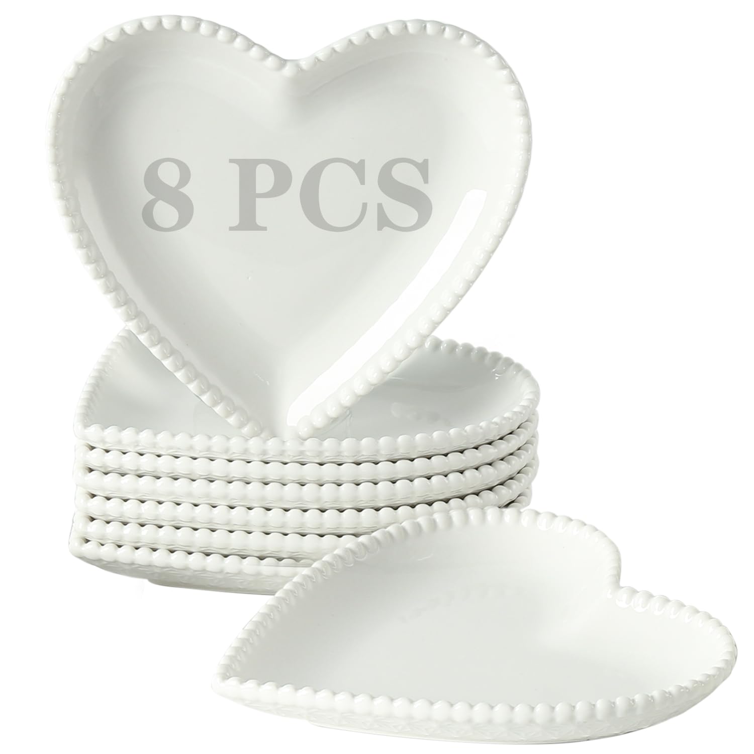 7.5 Inch White Porcelain Appetizer Plates Set of 8 - Heart Shaped Small Dinner Plates for Dessert, Salad, Cake, Snack & Ice Cream | Microwave, Oven & Dishwasher Safe | Perfect for Valentine's Day, Bridal Showers & Romantic Dinners