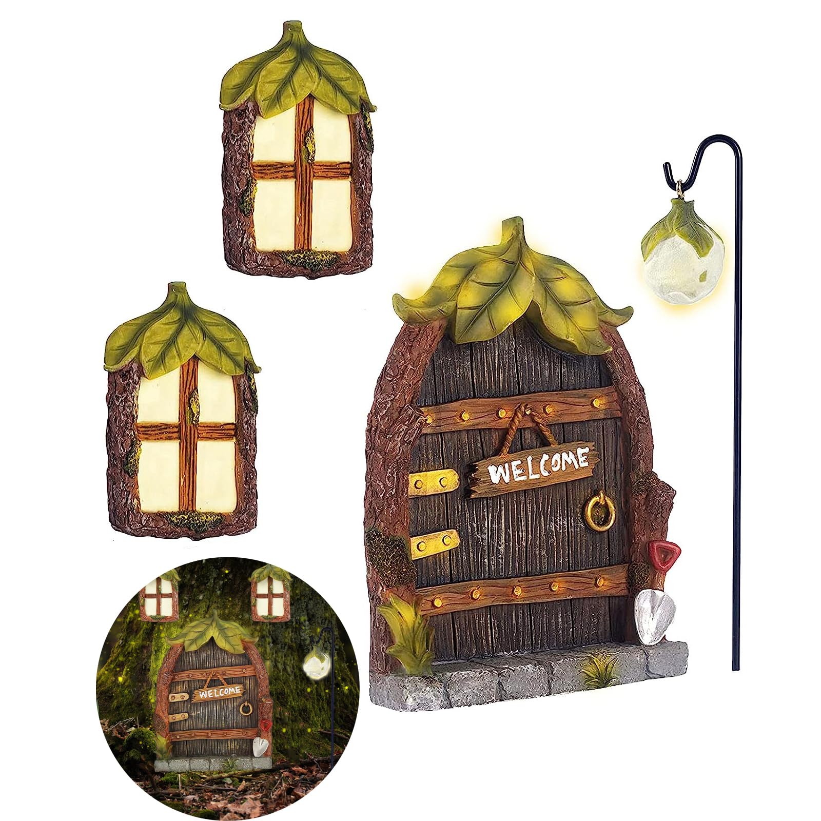 Glow in The Dark Fairy Garden Accessories - Miniature Fairy Doors & Windows for Trees, Outdoor Lawn Ornaments & Yard Decor with Lantern | Perfect for DIY Fairy Gardens, Backyard Landscaping & Magical Nighttime Displays