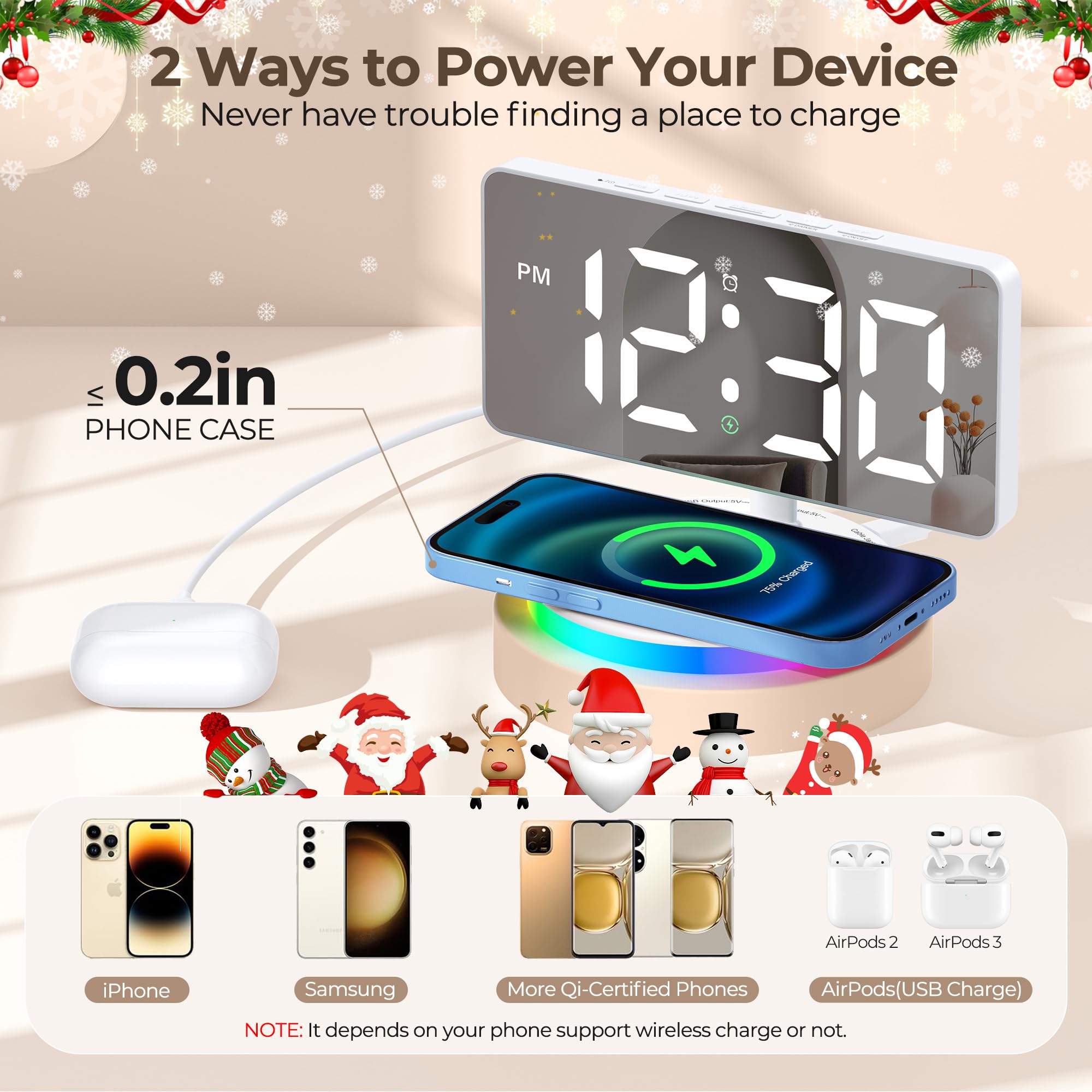Wireless Charging Digital Alarm Clock with LED Mirror Display - Adjustable Brightness (5 Levels + OFF), Progressive Volume, USB Charger & Dimmable Night Light for Bedroom, Home, Office Decor | Perfect for Nightstands, Desks & Gift Giving