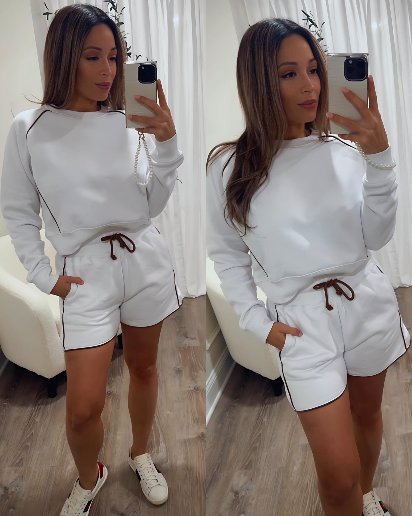 Cozy Club Women's Sweatshirt and Shorts Set - Soft Cotton Loungewear Outfit in White | Perfect for Relaxing at Home, Gym, or Casual Outings