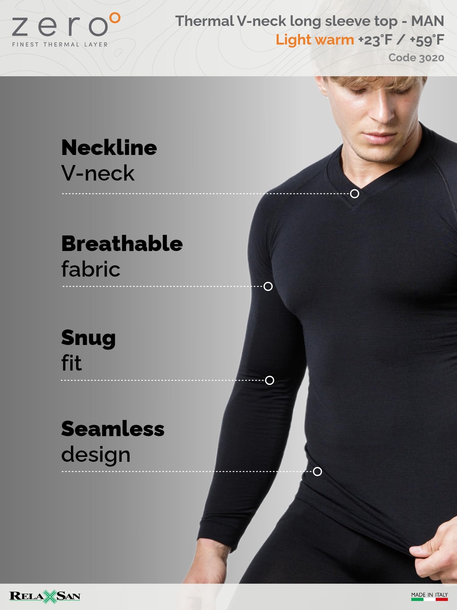 Relaxsan Zero 3020 Men's Thermal Long Sleeve Baselayer Shirt - Moisture Wicking Merino Wool & Dryarn Fiber Underwear for Cold Weather | Ideal for Hiking, Skiing & Winter Sports