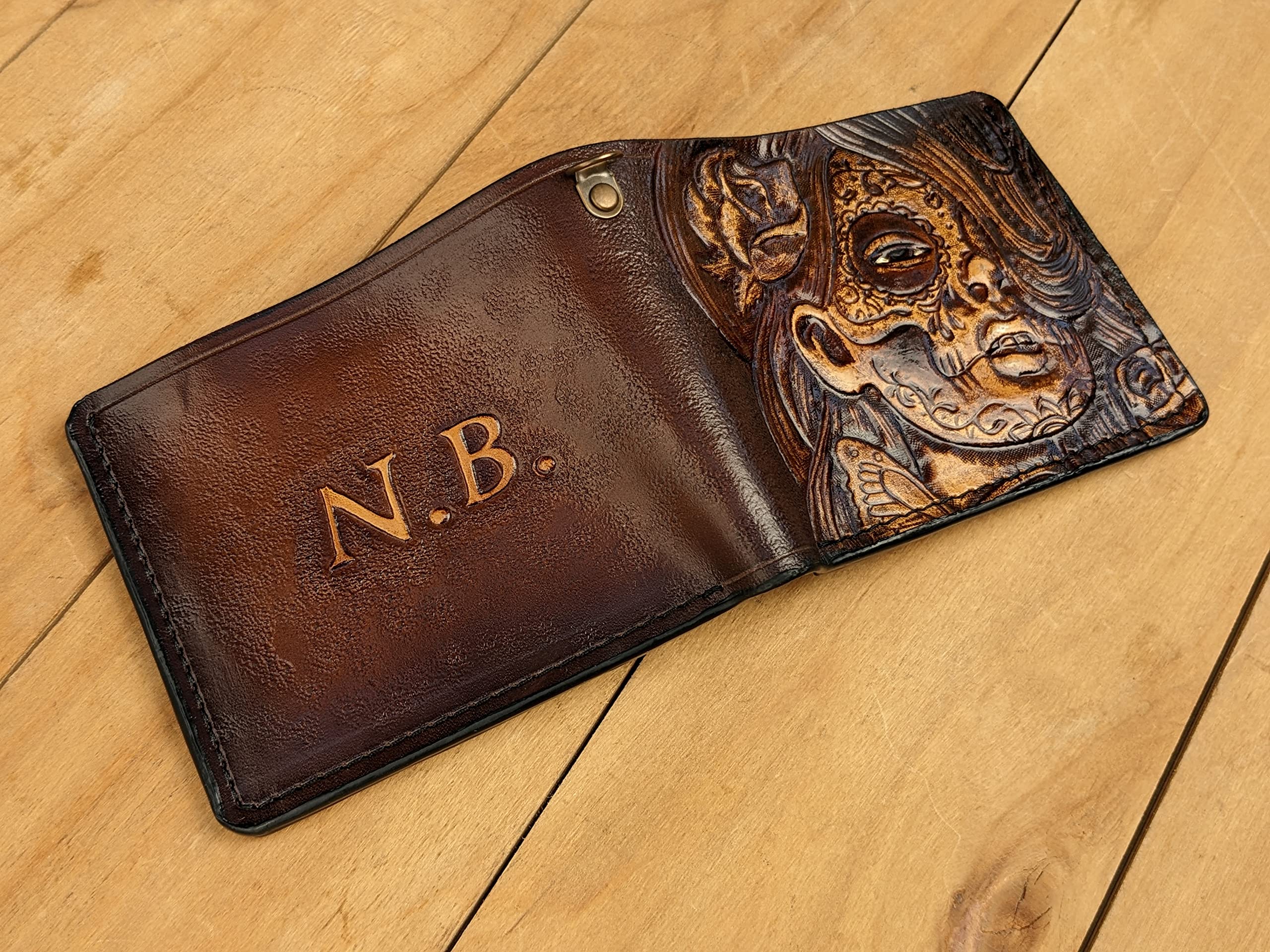 Handcrafted 3D Genuine Leather Bifold Wallet - Mexican Day of the Dead Sugar Skull Carved Design, Custom Personalized Airbrush Art Wallet for Men | Perfect Gift for Father's Day, Birthday & Everyday Use
