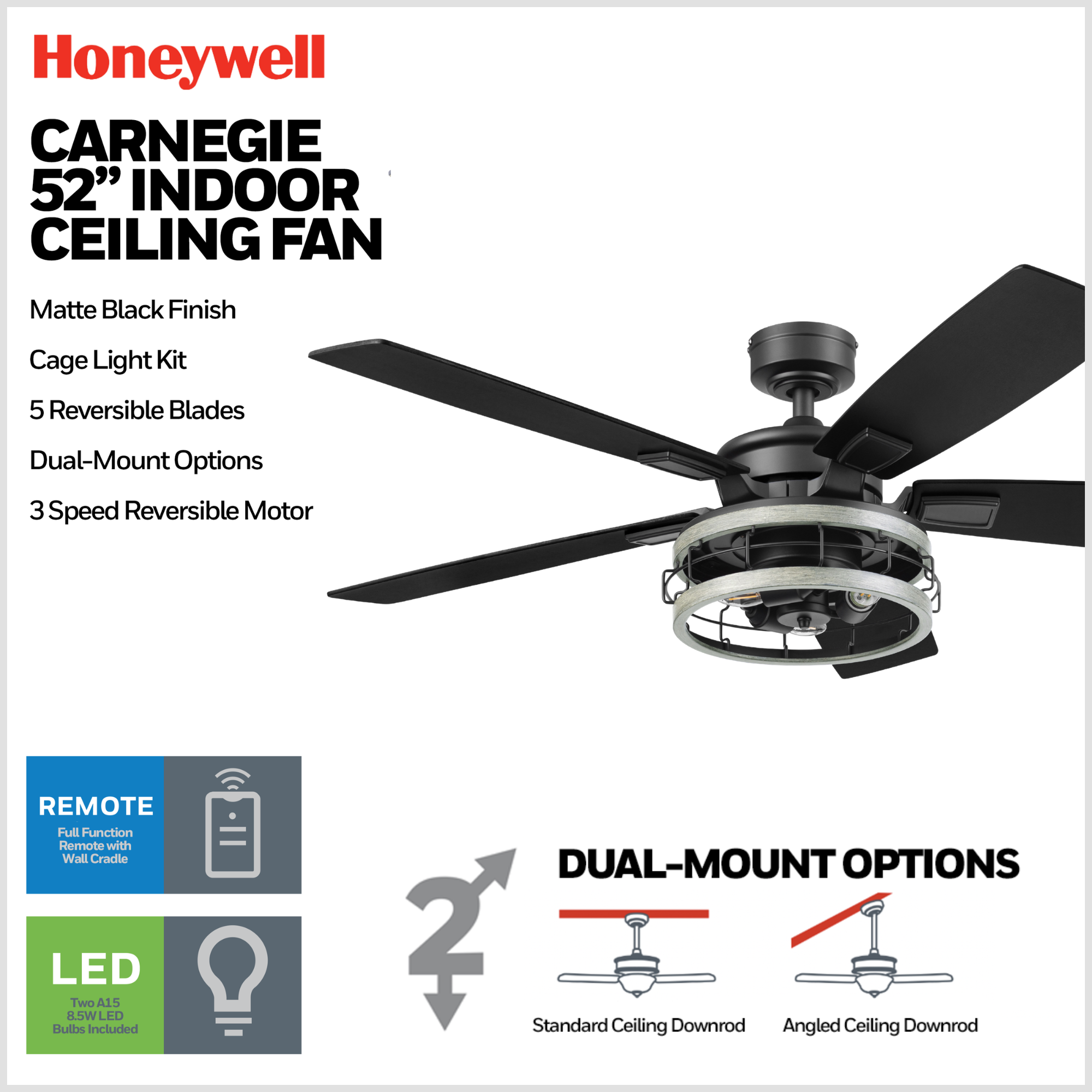 52 Inch Honeywell Carnegie Matte Black Ceiling Fan with Gray Cage Light & Remote Control - Perfect for Living Room, Bedroom, and Outdoor Covered Patio