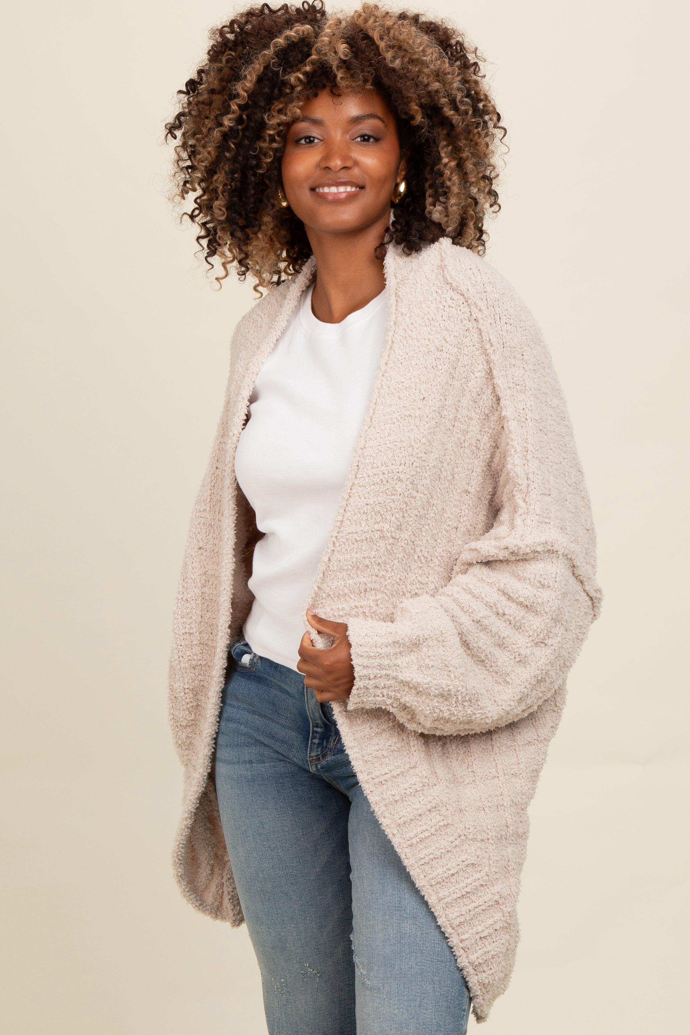 Cozy Beige Oversized Knit Dolman Cardigan for Women - Soft Chunky Sweater for Fall & Winter - Perfect for Layering, Lounging, and Casual Outfits