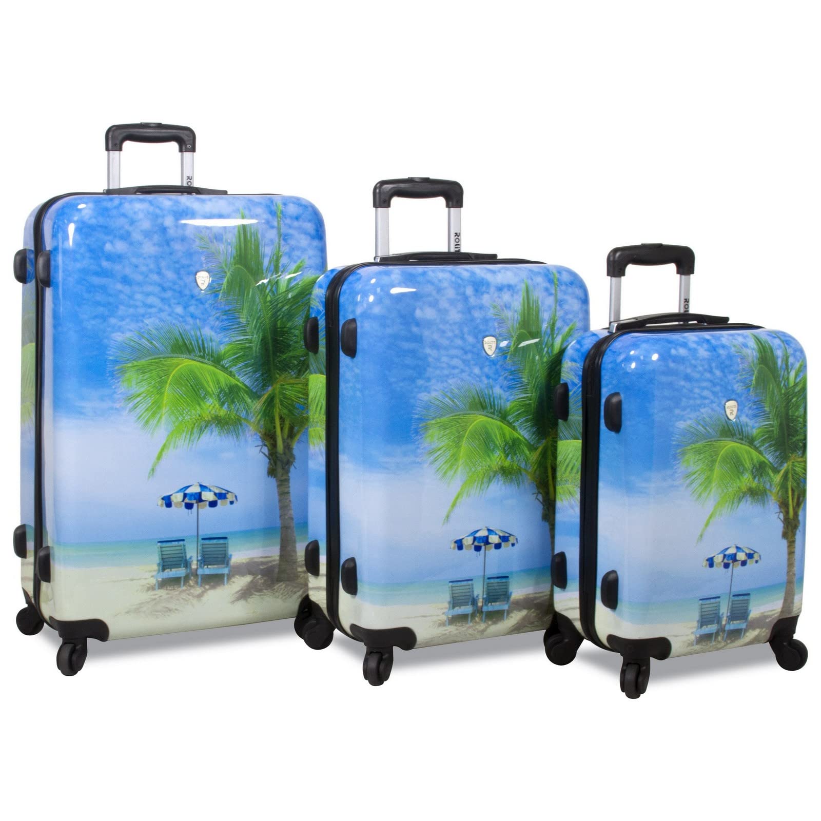 Rolite 3-Piece Spinner Luggage Set with Palm Tree Design - Durable Hardside Suitcases for Travel, Vacation & Business Trips - Perfect Carry-On & Check-In Bags for Airlines