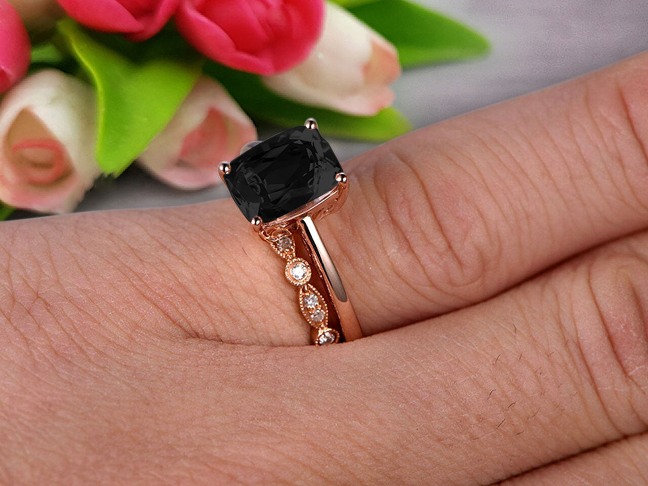 1.25 Carat Cushion Cut Black Diamond Moissanite Solitaire Engagement Ring with Matching Band in 10K Rose Gold - Art Deco Style Anniversary Gift for Her, Perfect for Proposals, Weddings & Special Occasions