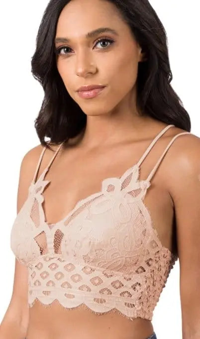Dusty Blush Crochet Lace Bralette - Comfortable Women's Underwear for Summer, Boho Fashion, Layering & Casual Outfits