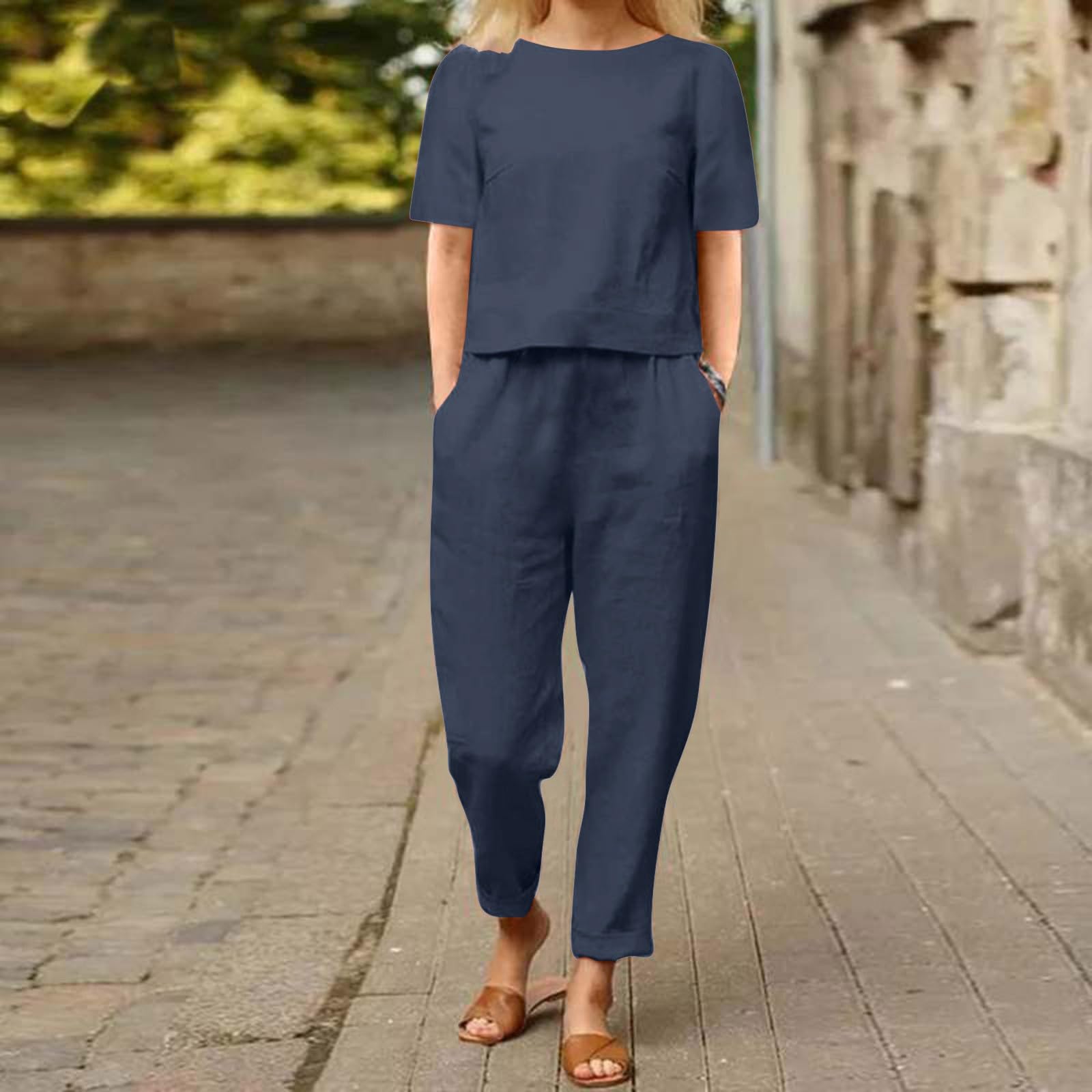 Women's Summer Two Piece Set 2024 - Cotton Linen Top & Long Pants Lounge Outfit with Pockets | Casual Travel & Vacation Wear