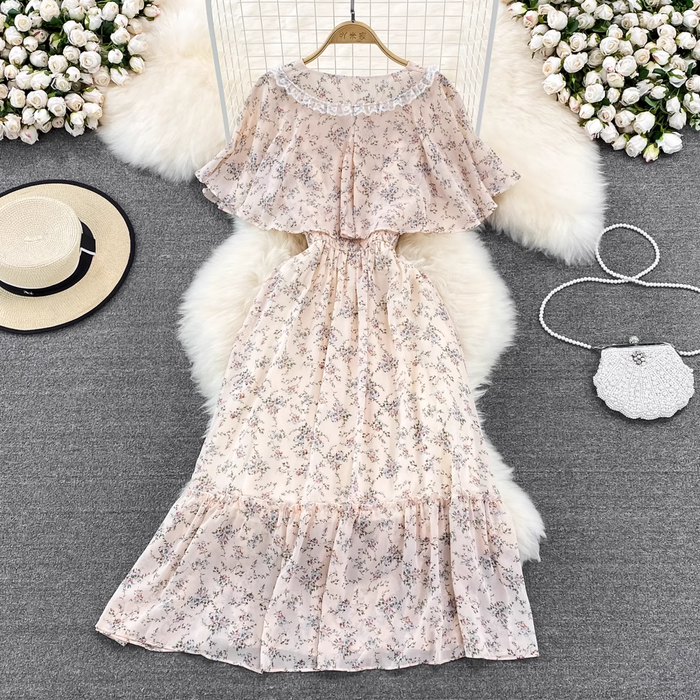 Elegant Fairy High Waist V-Neck Ruffled Chiffon Floral Maxi Dress for Women - Perfect for Summer Weddings, Garden Parties & Romantic Dates