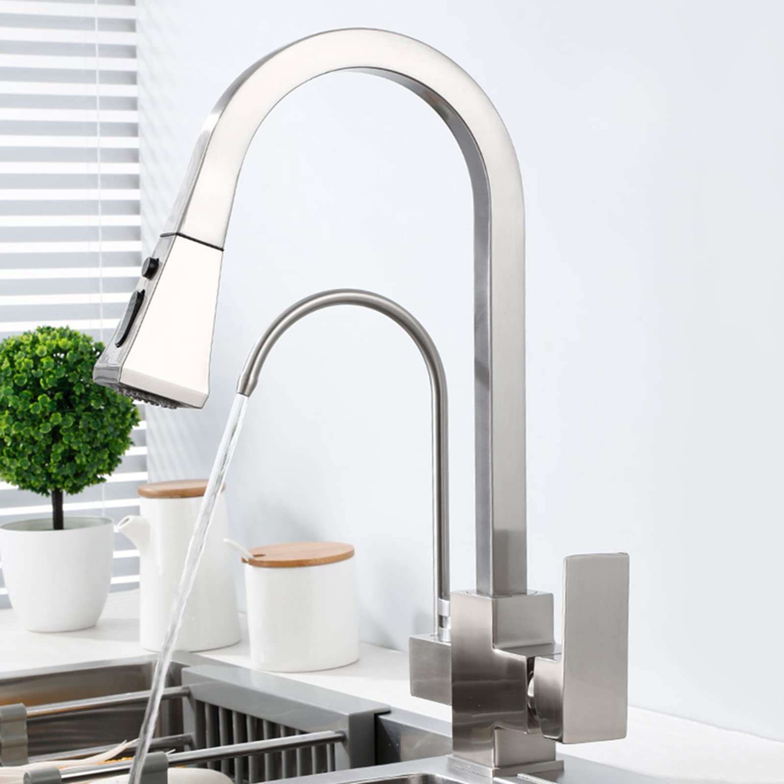 3-Way Kitchen Faucet with Pull-Out Spray - Brass Swivel Black Modern Faucet for Sink - Perfect for Multi-Tasking Cooking, Washing Dishes & Filling Pots
