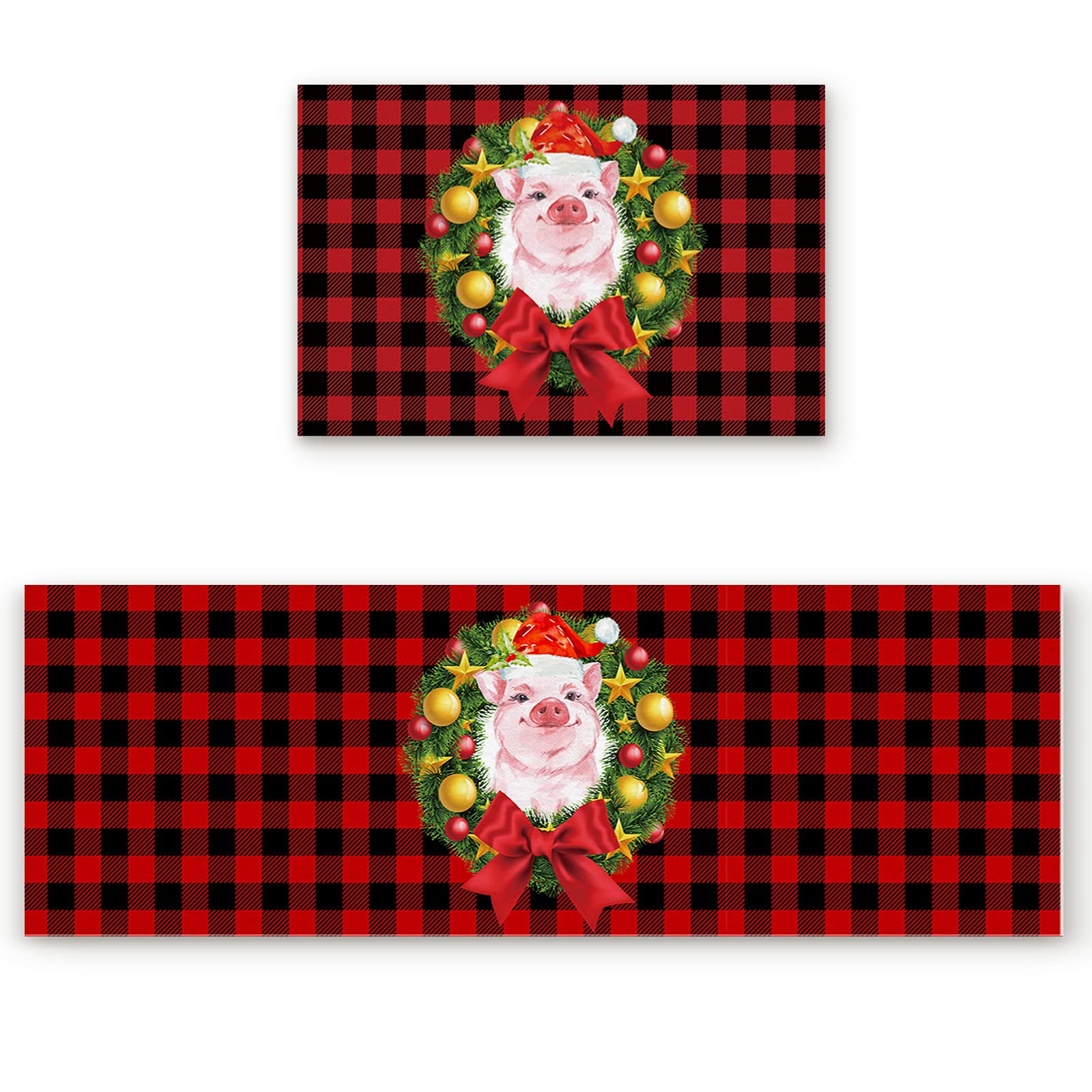 2-Pack Non-Slip Kitchen Rugs - Christmas Wreath & Winter Farm Pig Design with Buffalo Plaid Pattern (18x30 + 18x60 Inch) - Waterproof Floor Mats for Kitchen, Laundry Room & Sink Area - Perfect for Holiday Decor & Farmhouse Style Homes