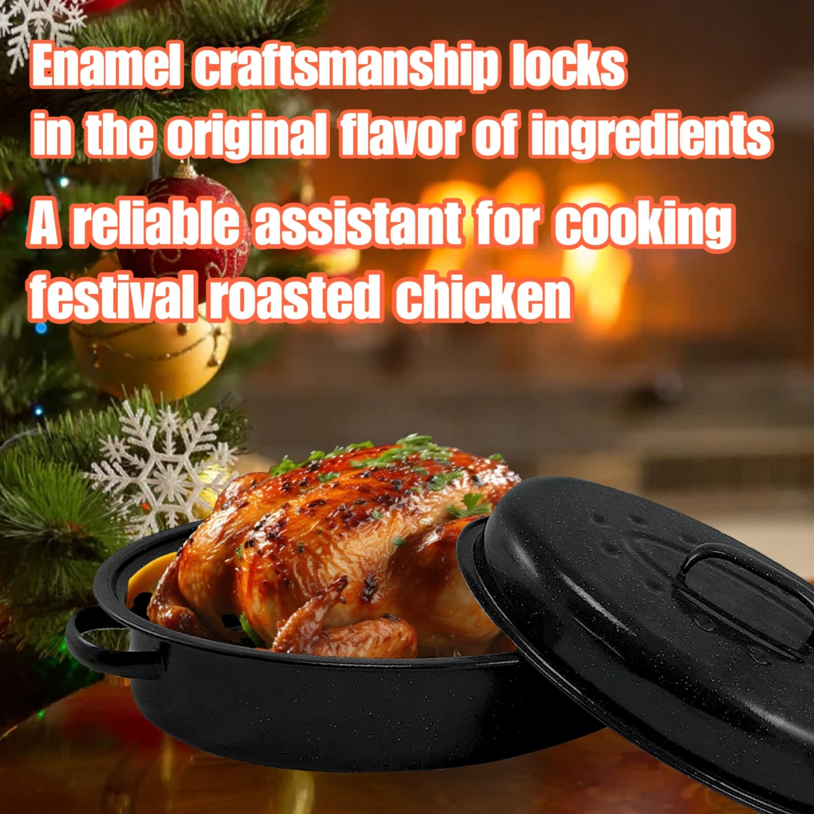 13 Inch Granite Enamel Roasting Pan with Lid - Oven Safe Turkey Roaster for 2 People, High Temperature Resistant Cookware for Thanksgiving, Christmas & Family Dinners