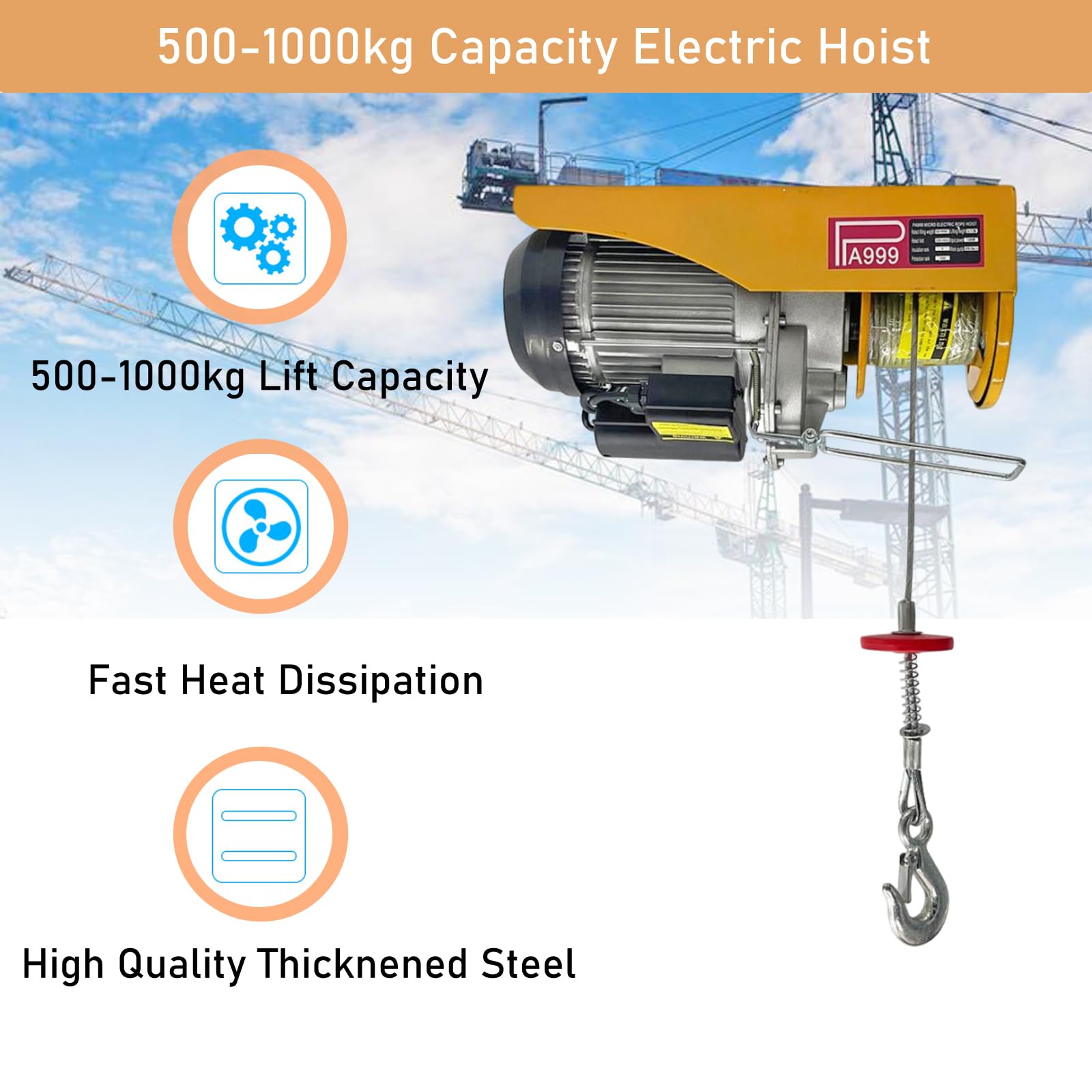 INTSUPERMAI 2000 lbs Electric Hoist Crane - Heavy Duty Overhead Lift Winch with Wire Rope, 220V Garage Ceiling Pulley System for Workshop, Construction, and Automotive Repair