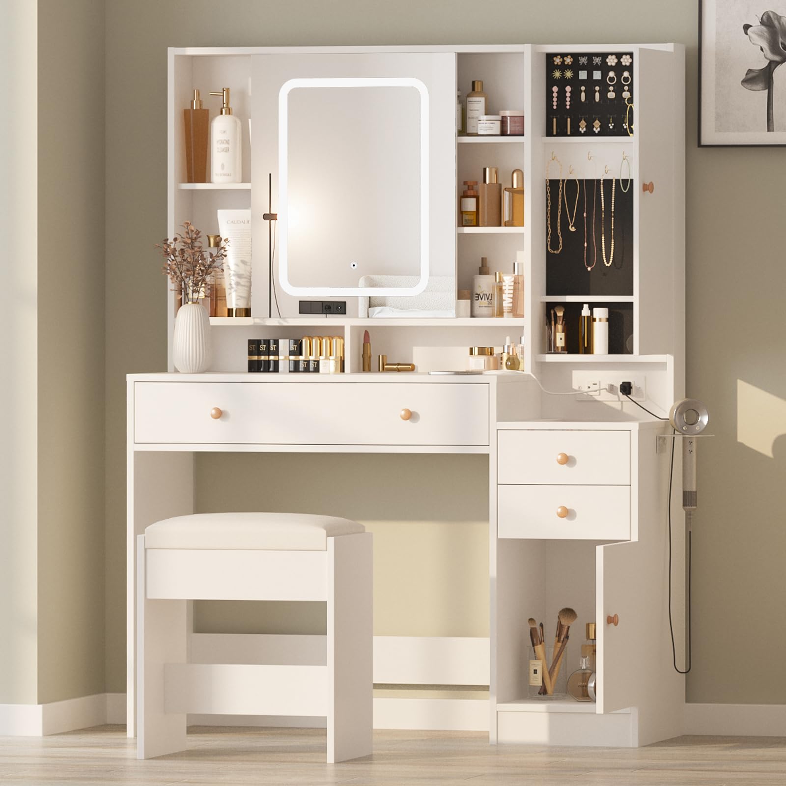 Vanity Desk with Mirror, LED Lights & USB Charging Station - 3-Drawer Glass Top Dressing Table with Jewelry Storage Cabinet, 42.8 Inch Modern Makeup Vanity for Bedroom & Dressing Room