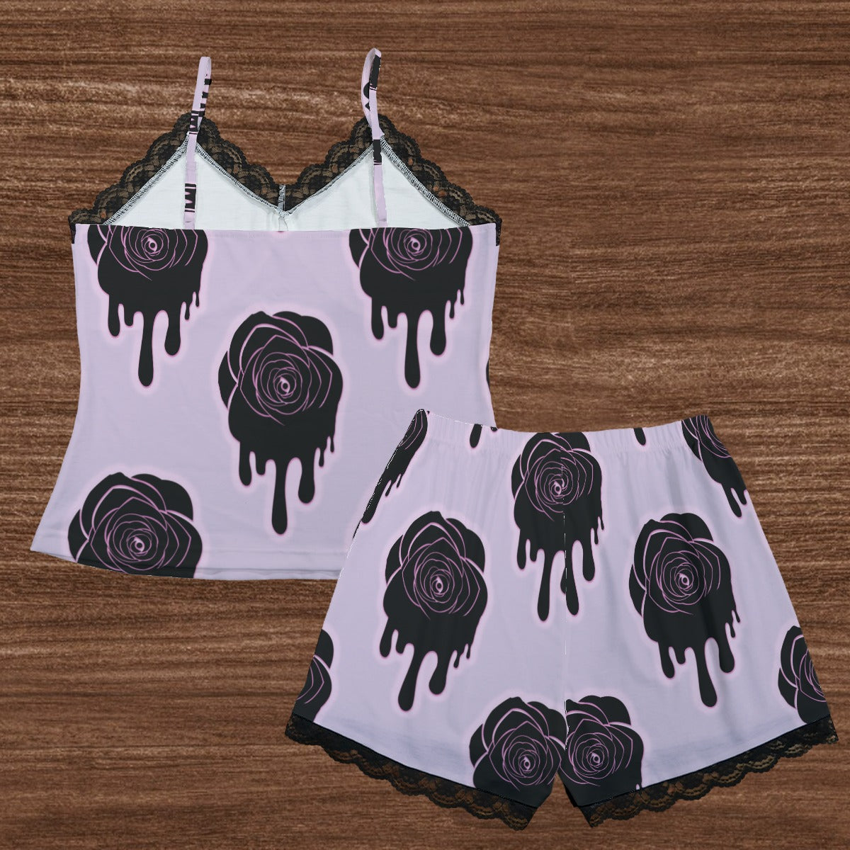 Elegant Black Rose Print Camisole & Shorts Set with Delicate Lace Trim - Perfect for Loungewear, Sleepwear & Romantic Date Nights