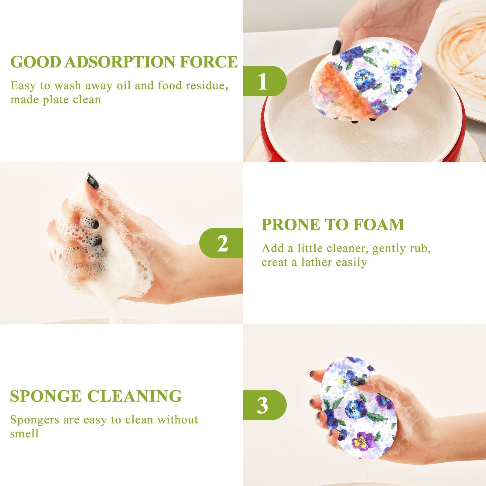 Kcldeci 3 Pack Kitchen Dish Scrub Sponge Pads - Non-Scratch Pansy Flower Design Sponges for Washing Dishes, Pots & Pans | Durable Household Cleaning Sponges for Kitchen Sink, Countertops & Cookware (Eco-Friendly & Absorbent)