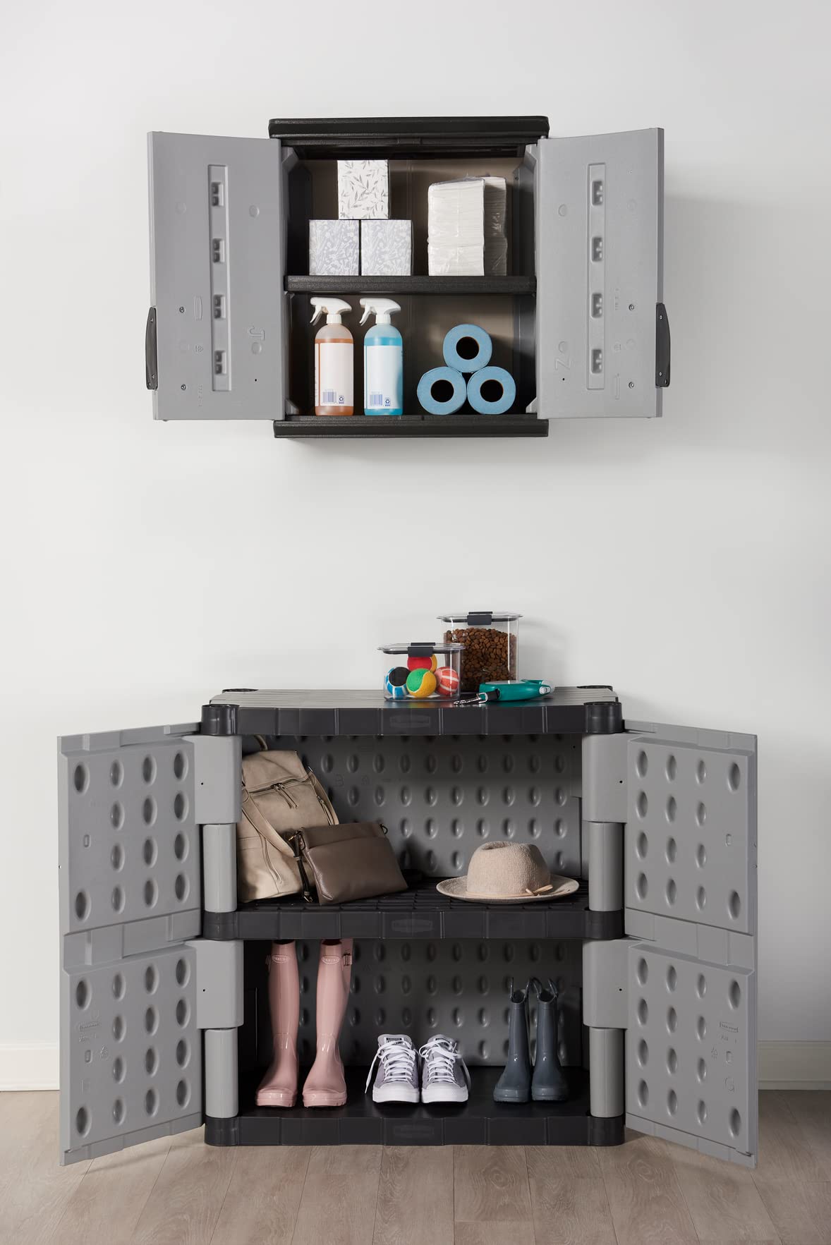 Rubbermaid Heavy Duty Wall Mounted Storage Cabinet - 150 lb Capacity, Lockable Gray 3-Shelf Organizer for Tools, Car Accessories & Cleaning Supplies | Perfect for Garage, Home & Outdoor Storage Organization