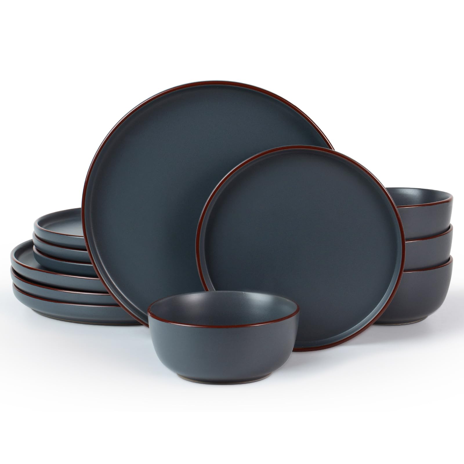 Famiware 12-Piece Stoneware Dinnerware Set - Mercury Plates & Bowls for 4, Microwave & Dishwasher Safe, Durable Charcoal Gray Tableware - Perfect for Family Dinners, Parties & Everyday Use