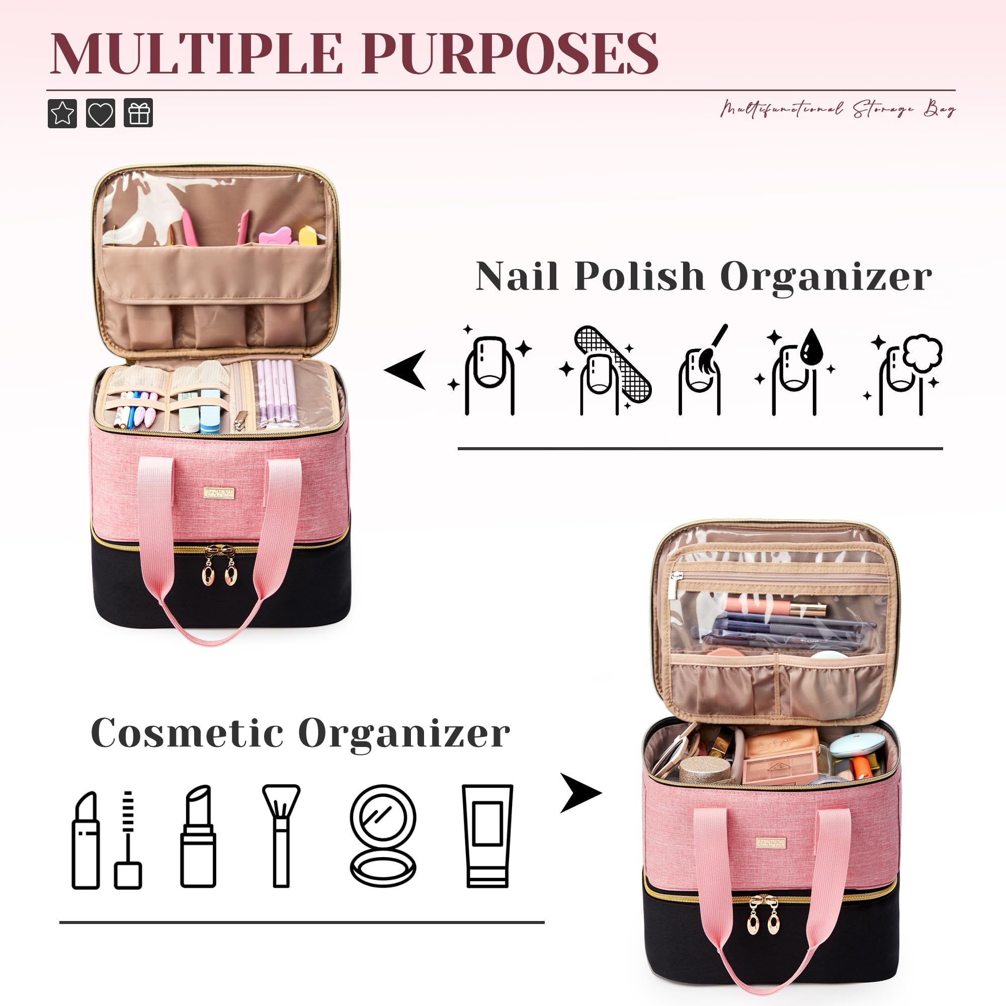 Double Layer Nail Polish Organizer Case - Holds 42 Bottles, Large Capacity Nail Tech Storage Box with Carrying Handle for Professional & Home Manicure - Perfect for Salon, Travel, and DIY Nail Art Supplies
