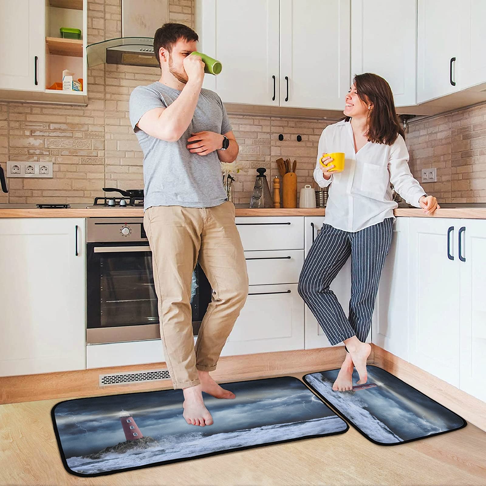 Stormy Landscape Lighthouse Non-Slip Kitchen Rugs Set - 2 Piece Absorbent Microfiber Bath Mats & Doormat Runner - 19.7