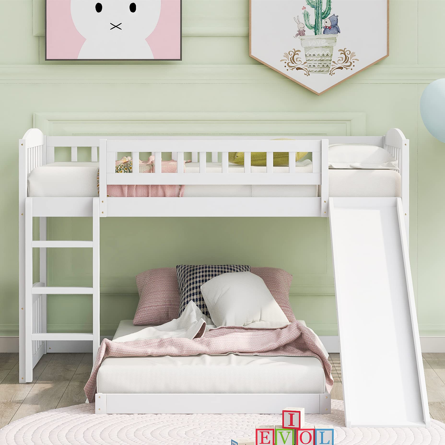 Harper & Bright Designs Twin Over Twin Low Bunk Bed with Slide & Ladder - Wooden Kids Bunk Bed Frame in White - Perfect for Small Rooms, Shared Kids Bedrooms & Sleepovers