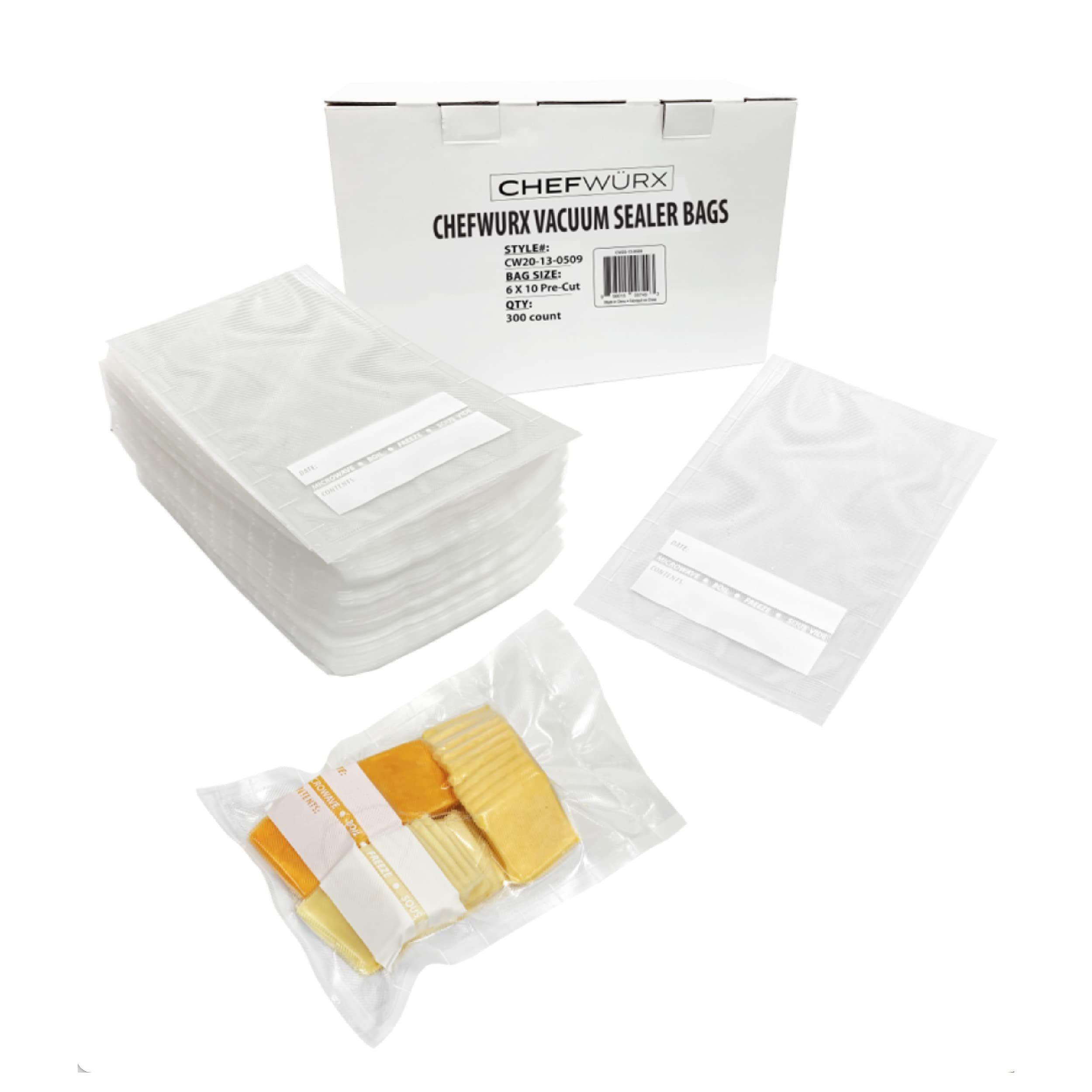 Chefwurx Pre-Cut Vacuum Sealer Bags - 300 BPA-Free Food Storage Bags (6
