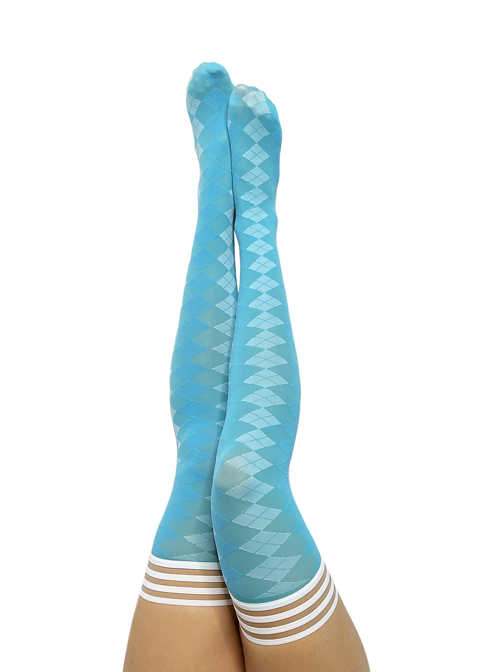 Kix'ies No Slip Thigh High Stockings for Women - Stay Up Grip Thigh Bands, Sexy Lingerie & Hosiery (Blue Argyle 1344A) | Perfect for Office Wear, Date Nights & Special Occasions