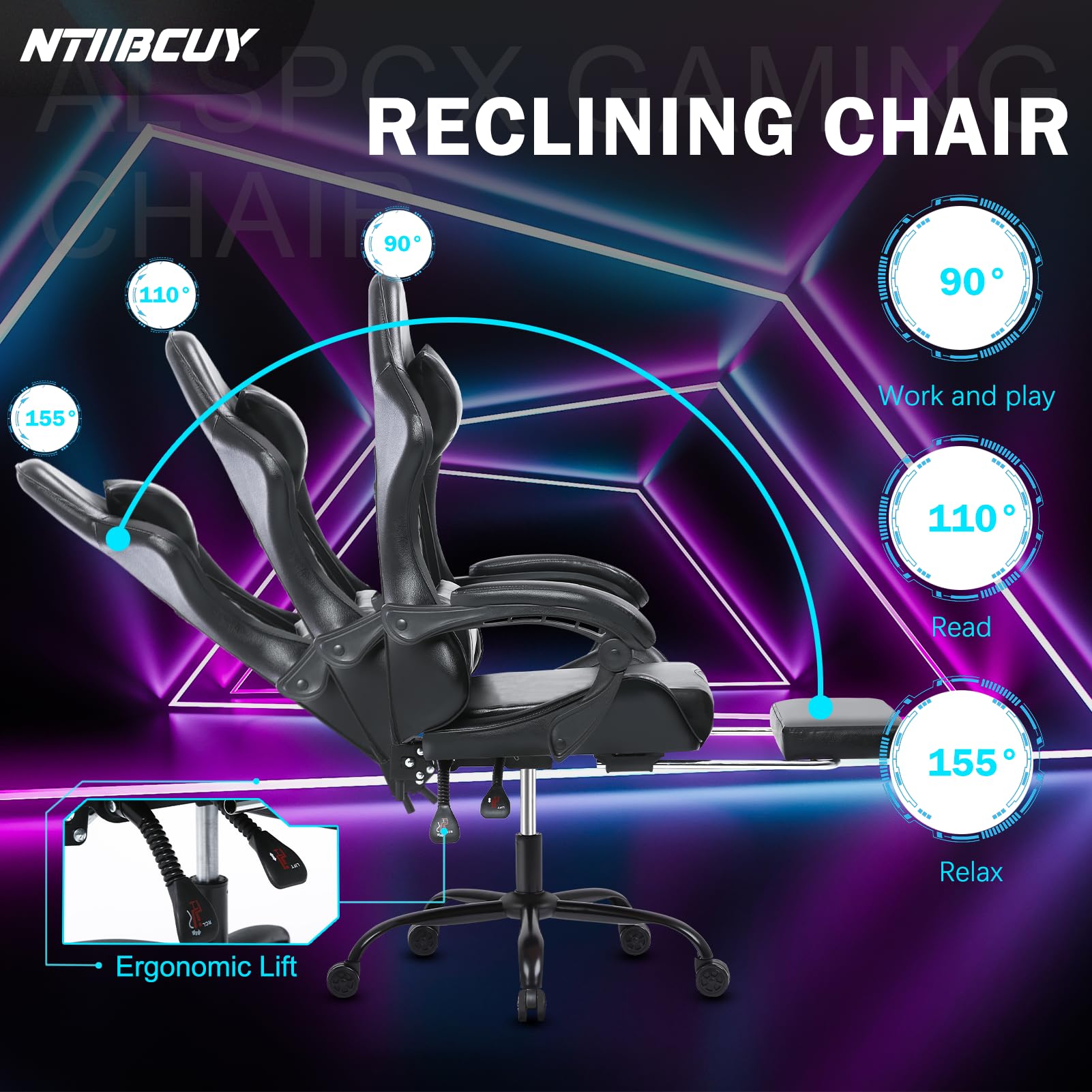 Ergonomic Gaming Chair for Adults - Adjustable Height, Lumbar Support & Footrest - 360° Swivel X-Large Black Computer Chair for Video Gamers - Perfect for Esports, Streaming & Home Office Setup