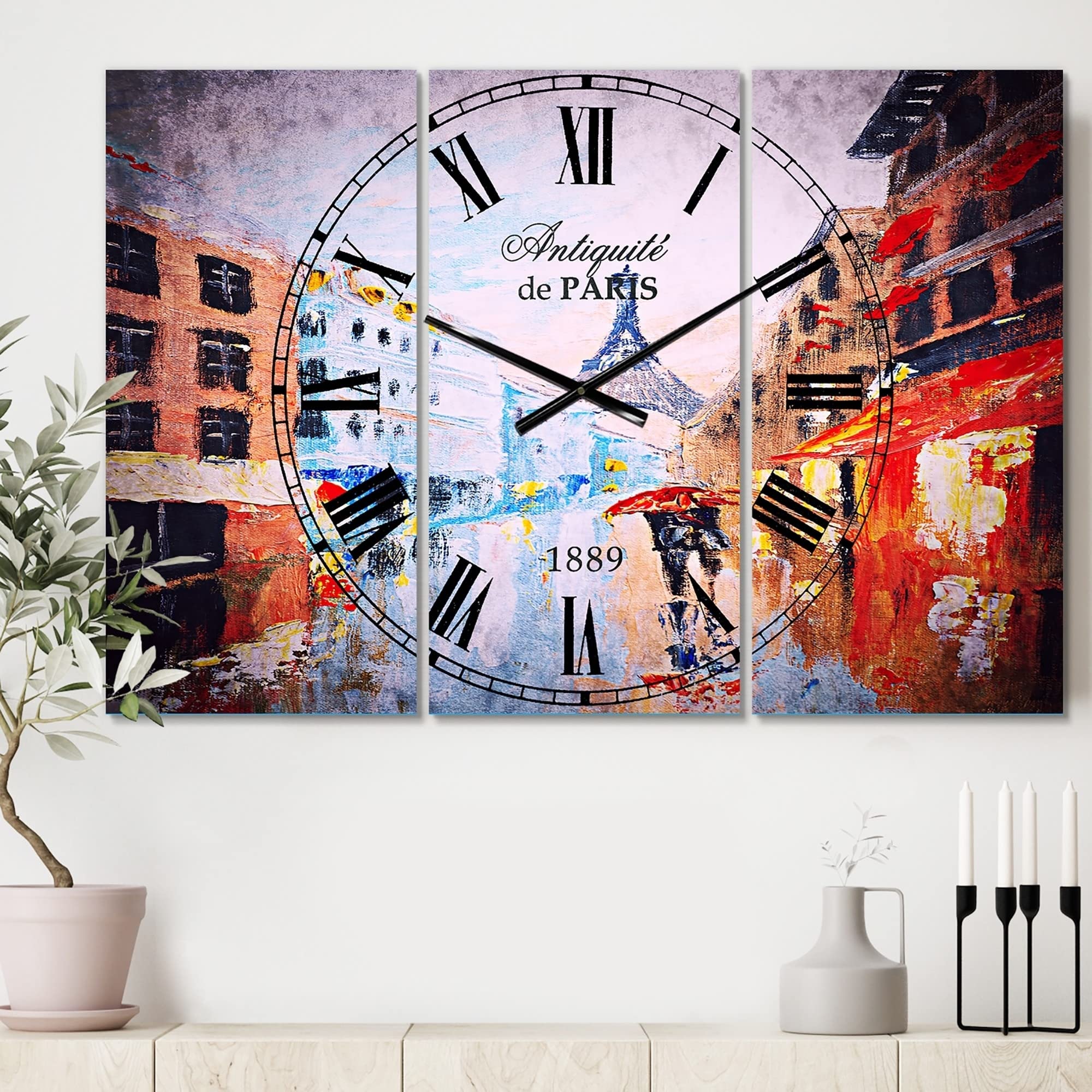 Designart 'Couple Walking in Paris' Large 3-Panel Wall Clock - 36