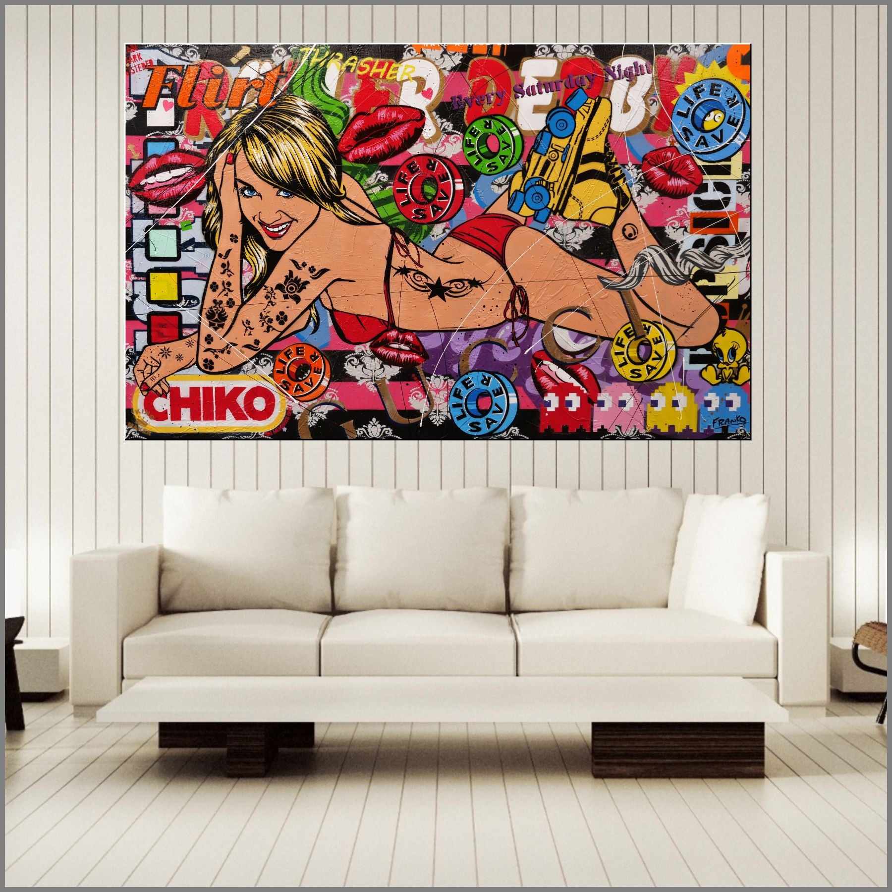 Saturday Night Roller Derby 160cm x 100cm Textured Urban Pop Art Canvas Painting - Modern Wall Decor for Living Room, Bedroom & Office