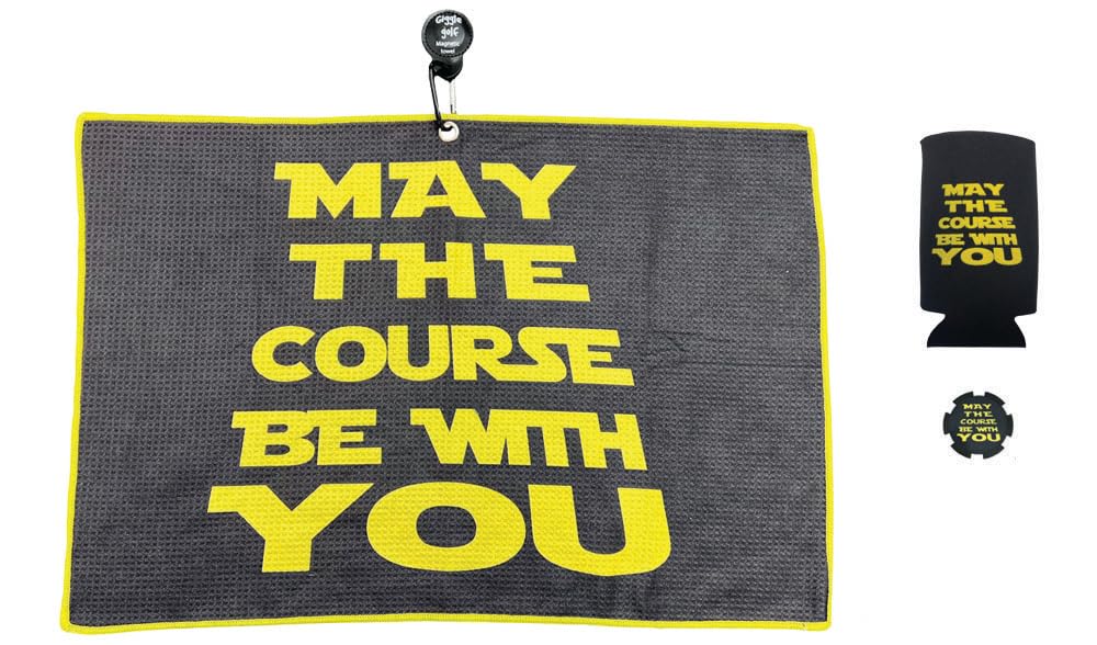 May The Course Be with You Magnetic Golf Waffle Towel with Poker Chip & Slim Can Cooler - Perfect for Golfers, Sports Enthusiasts & Outdoor Activities